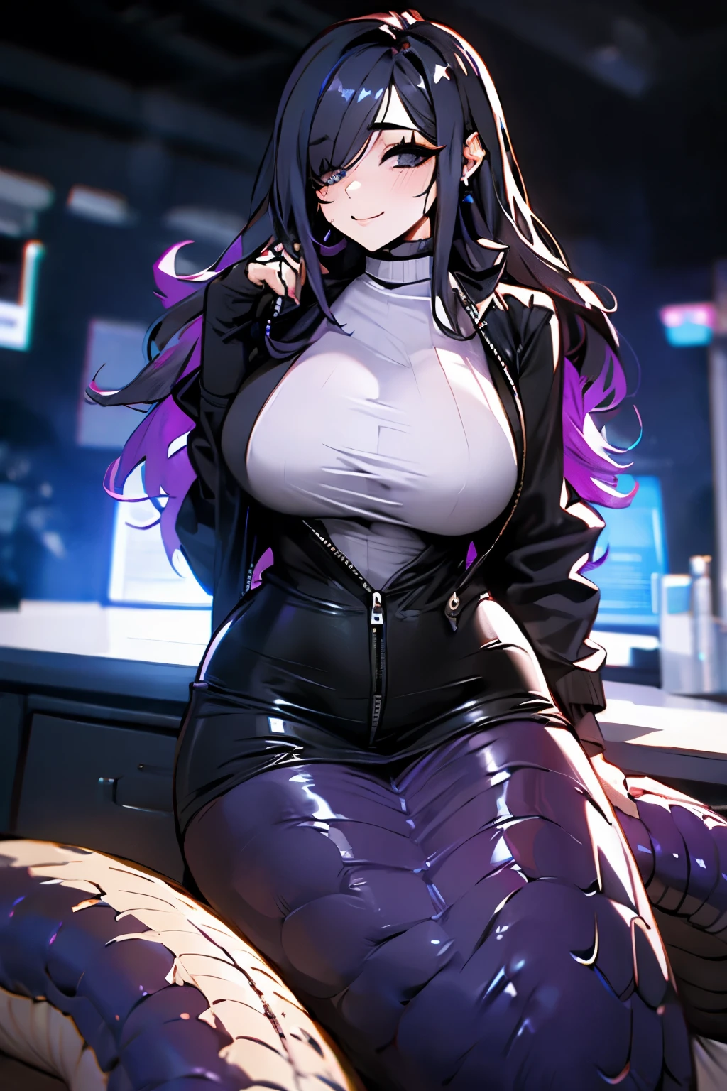 master masterpiece, 4k, highly detailed, subsurface scattering, Superb Painting, Perfect Eyes,Wiz, Detailed Eyes, 1 Woman, Mature Woman, cinematic light, wavy purple, lamia, lamia hybrid, lamia tail, thick body, wavy dark purple hair, white skin, high resolution, scales, slightly chubby body, neon, baggy clothes, cyberpunk jacket, baggy jacket