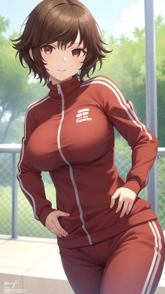 masterpiece, best quality, high quality, girl, solo, looking at viewer, kogure_kawanami, brown hair, brown eyes, large breasts, track suit