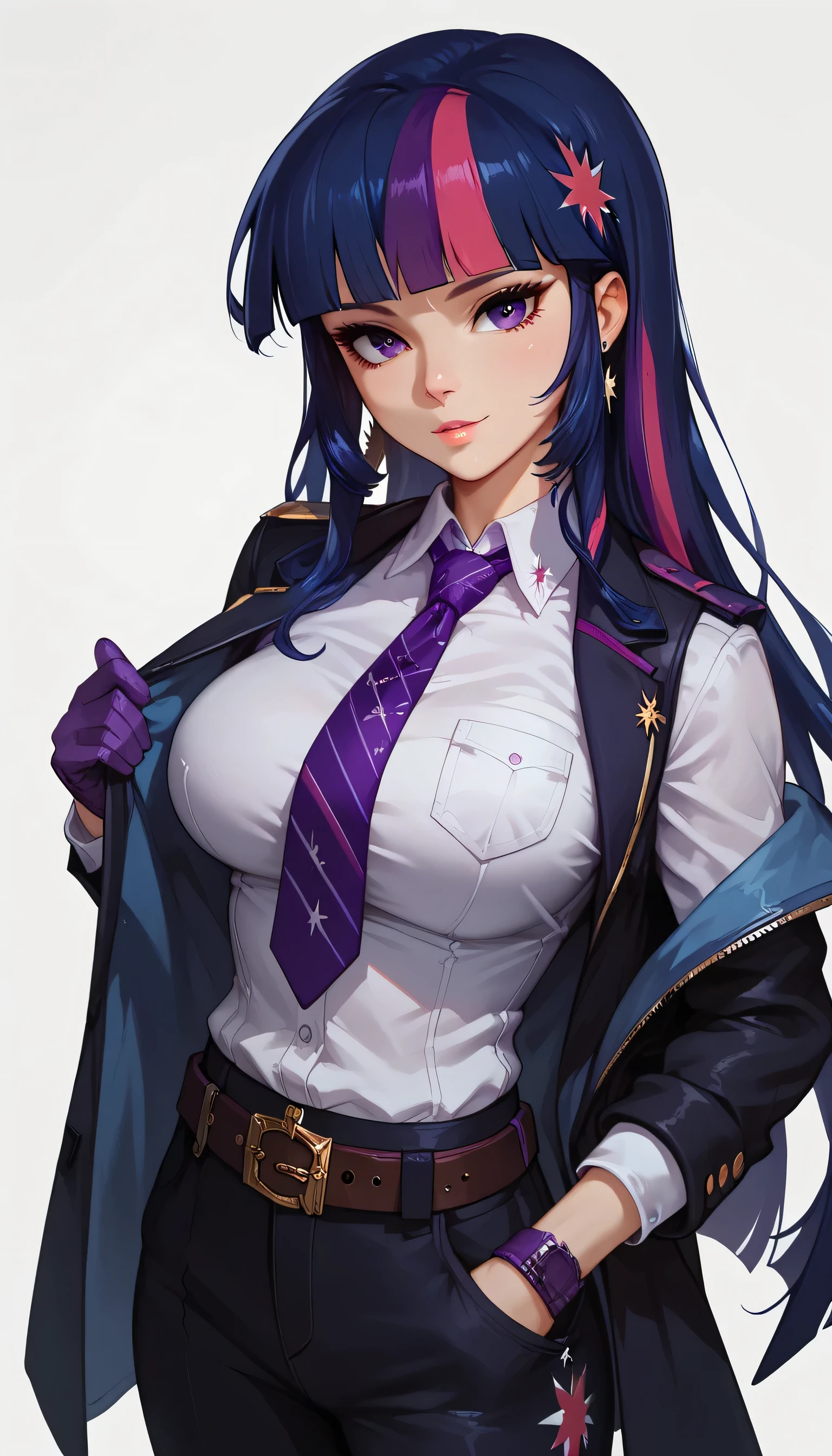 1girls, solo, female_focus, necktie, formal, gloves, suit, , adjusting_clothes, belt, hand_in_pocket, shirt, simple_background, white_background, jacket, pants, long_sleeves,large breast,Expressiveh,Twilight Sparkle, Blue hair, Purple eyes, purple hair, long hair