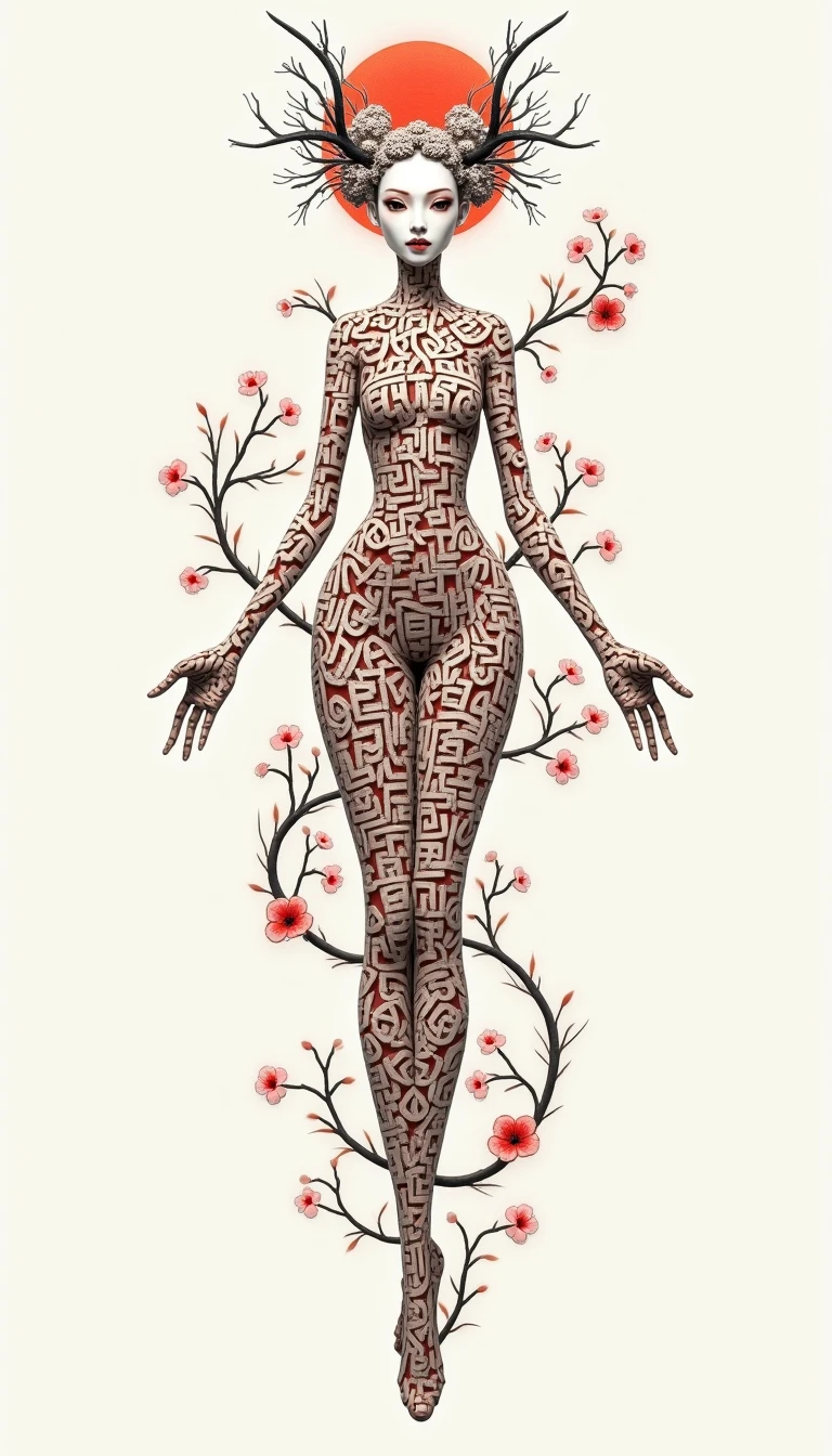 Rear view girl, growth,leaf,tree branch on head,branch,fractal, dissect, bone, (girl made of branch), ink, scenery break melting, Ink painting style, (ink splash), (bird), (red flower), Plant Maiden, covered with green moss, against the background of a tree with branches,
collarbone, girl, portrait of a girl from the back, 
leg like a branch, Ukiyo-e style, wind,
close-up girl back view, adult, [Nordic], Hourglass elongated body, (perfect Olive skin), Profile Angle, Long neck, Oval Face, bare broad shoulders, Sagittal Plane Curves, blades shoulders, spinal line, long slim arms, well trained back, Rounded Jawline, snub Nose, High Round Narrow Symmetrical Cheekbone, Dimpled Cheek, Monolid blue Eye type, long blonde Waves hair, wind hair, Attached Pointed ear, shoulder blades, Hourglass-shaped hips, fitness round ass, back dimples,  
hyperrealism, masterpiece, high resolution, best quality, ultra detailed, Hyperrealistic art, high quality, ultra high resolution, extreme detail, many details, Extremely high resolution detail, 
 the ribs of the svelet are visible, the head is deformed by a tree branch, the hand is deformed by a tree branch, the fingers are like branches, trees have grown through the body, 
smudges, tree on head, roots, branch with birds overhead, paint smudges,  
a branch grows from the ear, a branch grows from behind the head, the roots of a tree are like a spine, a river with a rock garden in the background,  symmetrical composition, colorful,