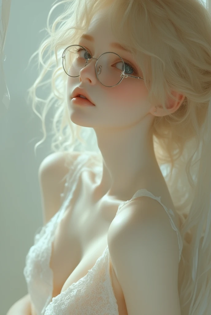an androgynous person, with honey blonde hair, She wears glasses and her clothing style is low-cut and short but tender clothes with pale skin like a porcelain doll and blue eyes., and it's a porcelain doll