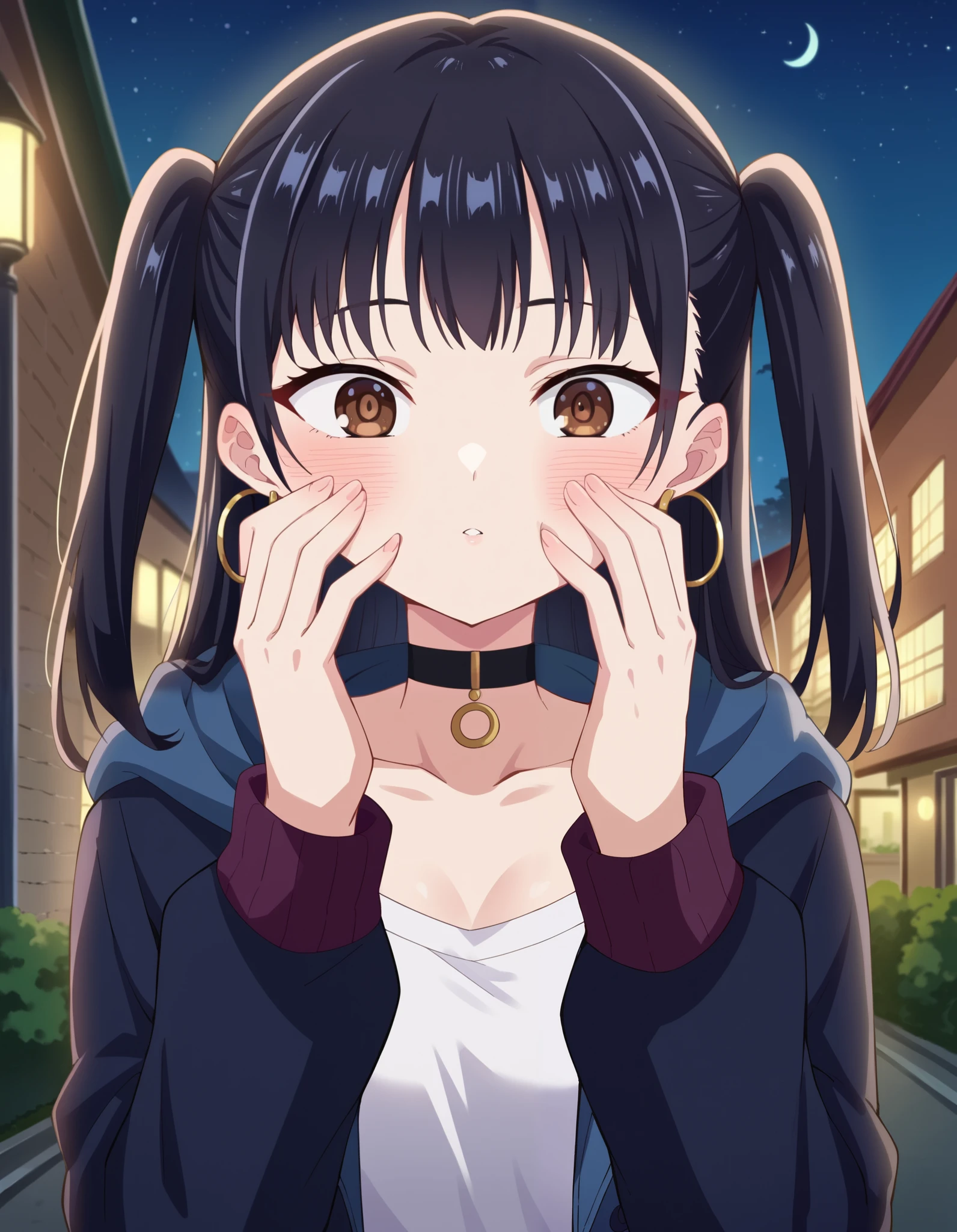 score_9, score_8_up, score_7_up, source_anime, annayamada, anna yamada, 1girl, anna yamada, long hair, bangs, outside, on the street, houses nearby, night time, Anna twintail with choker outfit, two side up, jewelry, hoop earrings, choker, black hair, solo, shirt, brown eyes, looking at viewer, black choker, jacket, open clothes, blush, long hair, outdoors, night, collarbone, sky, open jacket, white shirt, hood, drawstring, twintails, take hands, black jacket, cowboy shot, looking at the viewer, N0R3AL_PDXL, pov, cheek squash, hands on another's cheeks, solo focus, pov hands