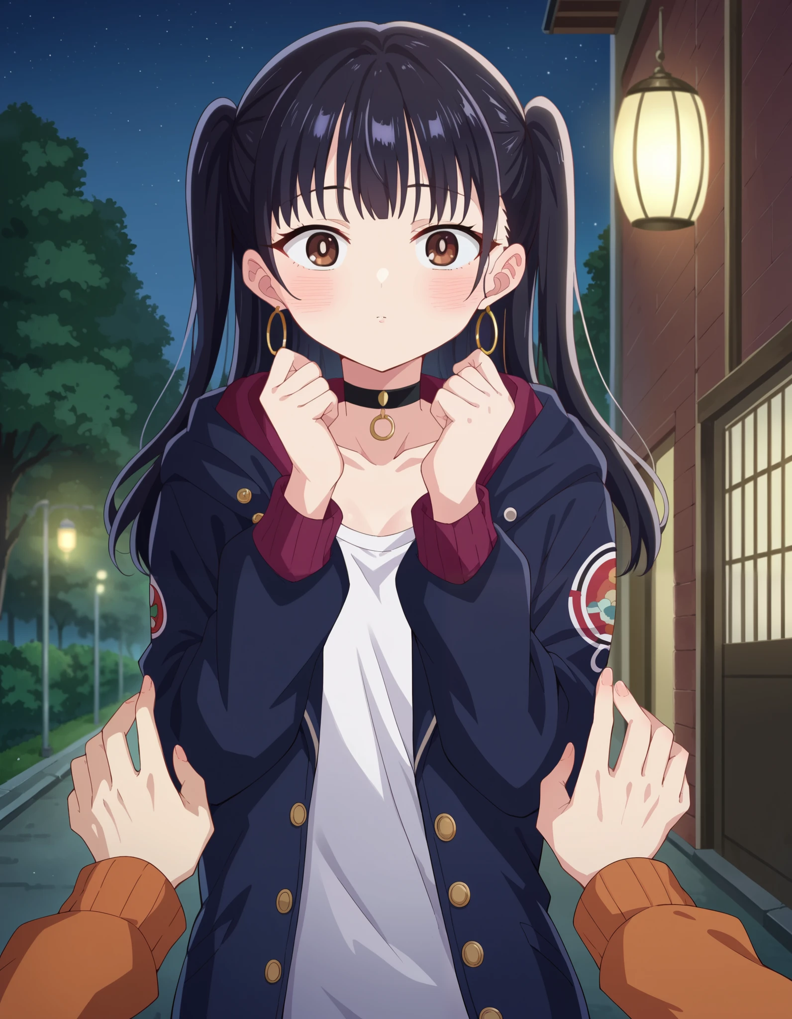 score_9, score_8_up, score_7_up, source_anime, annayamada, anna yamada, 1girl, anna yamada, long hair, bangs, outside, on the street, houses nearby, night time, Anna twintail with choker outfit, two side up, jewelry, hoop earrings, choker, black hair, solo, shirt, brown eyes, looking at viewer, black choker, jacket, open clothes, blush, long hair, outdoors, night, collarbone, sky, open jacket, white shirt, hood, drawstring, twintails, take hands, black jacket, cowboy shot, looking at the viewer, N0R3AL_PDXL, pov, cheek squash, hands on another's cheeks, solo focus, pov hands
