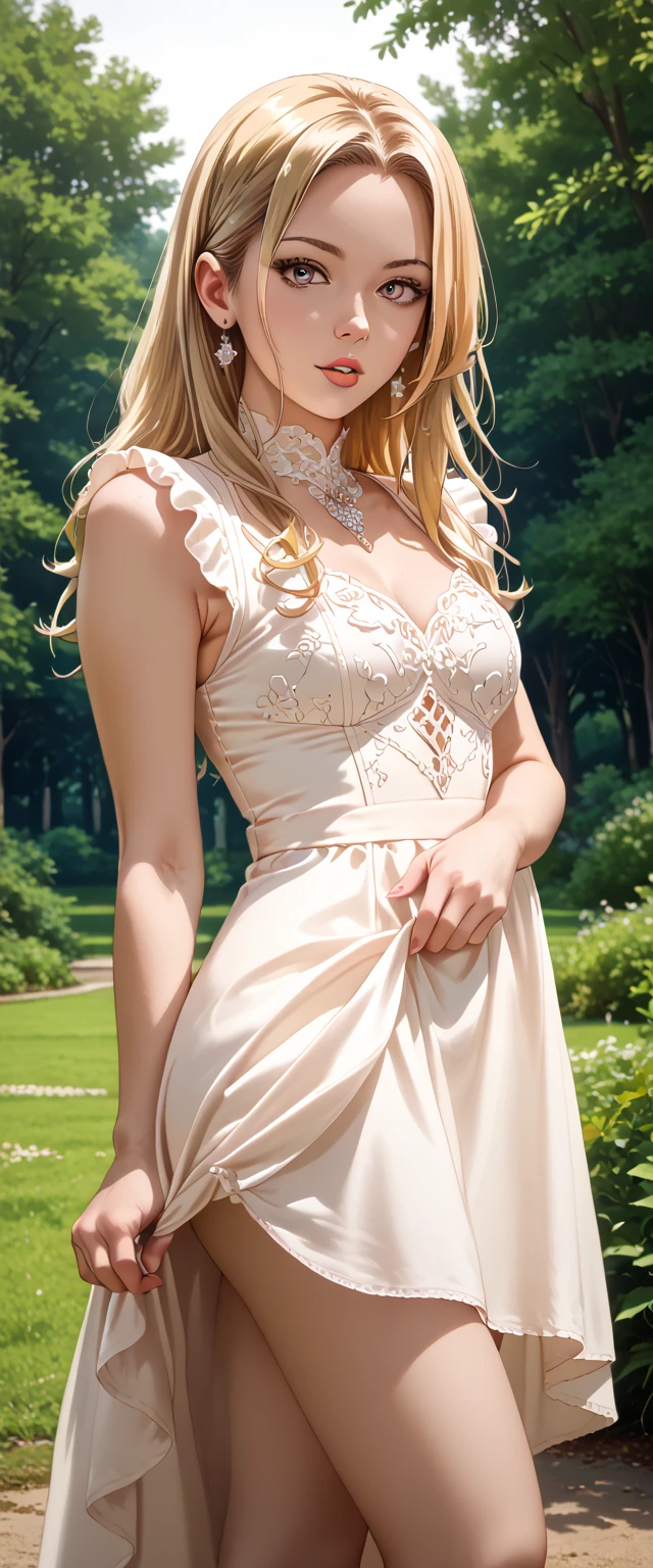 ((Stunning illustration)), ((perfect anime drawn)), ((CG anime)), ( masterpiece ,  Better quality,  highres icon,  High resolution :1.2),  style, realistic,  intricate details , Stunning blonde girl, SS sexy blonde hair, parted lips, lips, casual dress tight looking at the viewer, Forest Fund, sunset lights, realistic,((lift her dress)) masterpiece, anatomically correct,  highres icon, 4kPhoto_pdxl, Aesthetic_pdxl