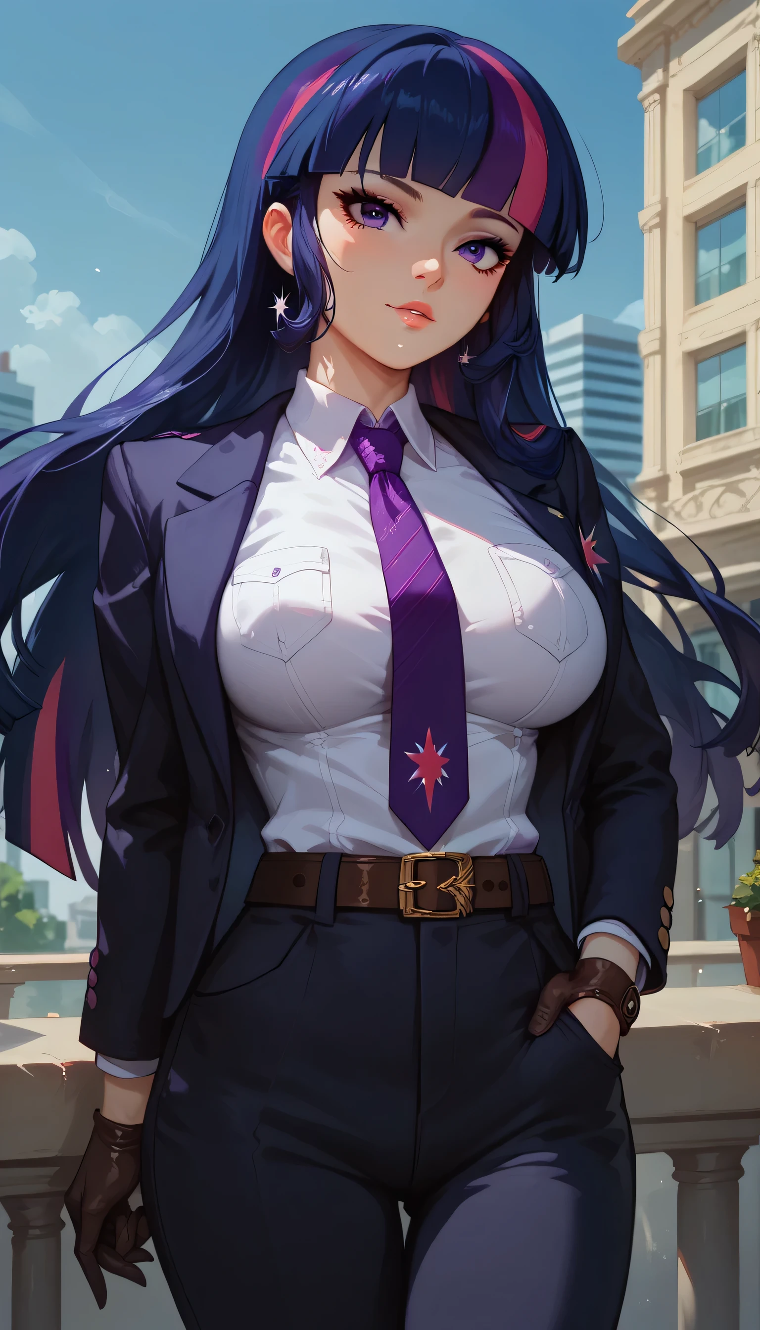 1girls, solo, female_focus, necktie, formal, gloves, suit, , adjusting_clothes, belt, hand_in_pocket, shirt, simple_background, white_background, jacket, pants, long_sleeves,large breast,Expressiveh,Twilight Sparkle, Blue hair, Purple eyes, purple hair, long hair, Windows, Building