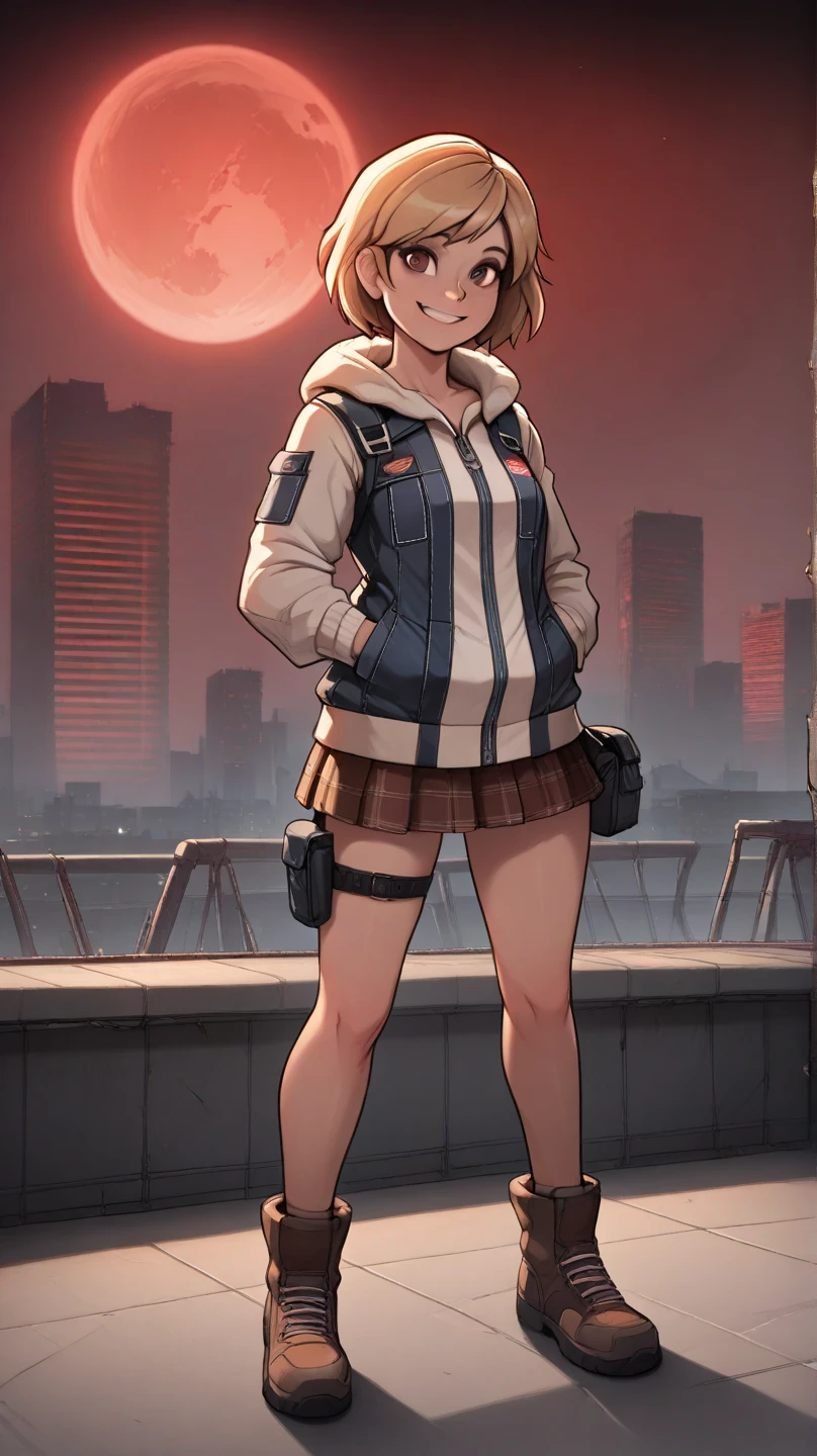 score_9, score_8, 1girl, teen, heather mason from silent hill, brown eyes, cute, smile, unreal engine, masterpiece, high quality, on the rooftop, background skyline, midnight, red moon in middle, full body view