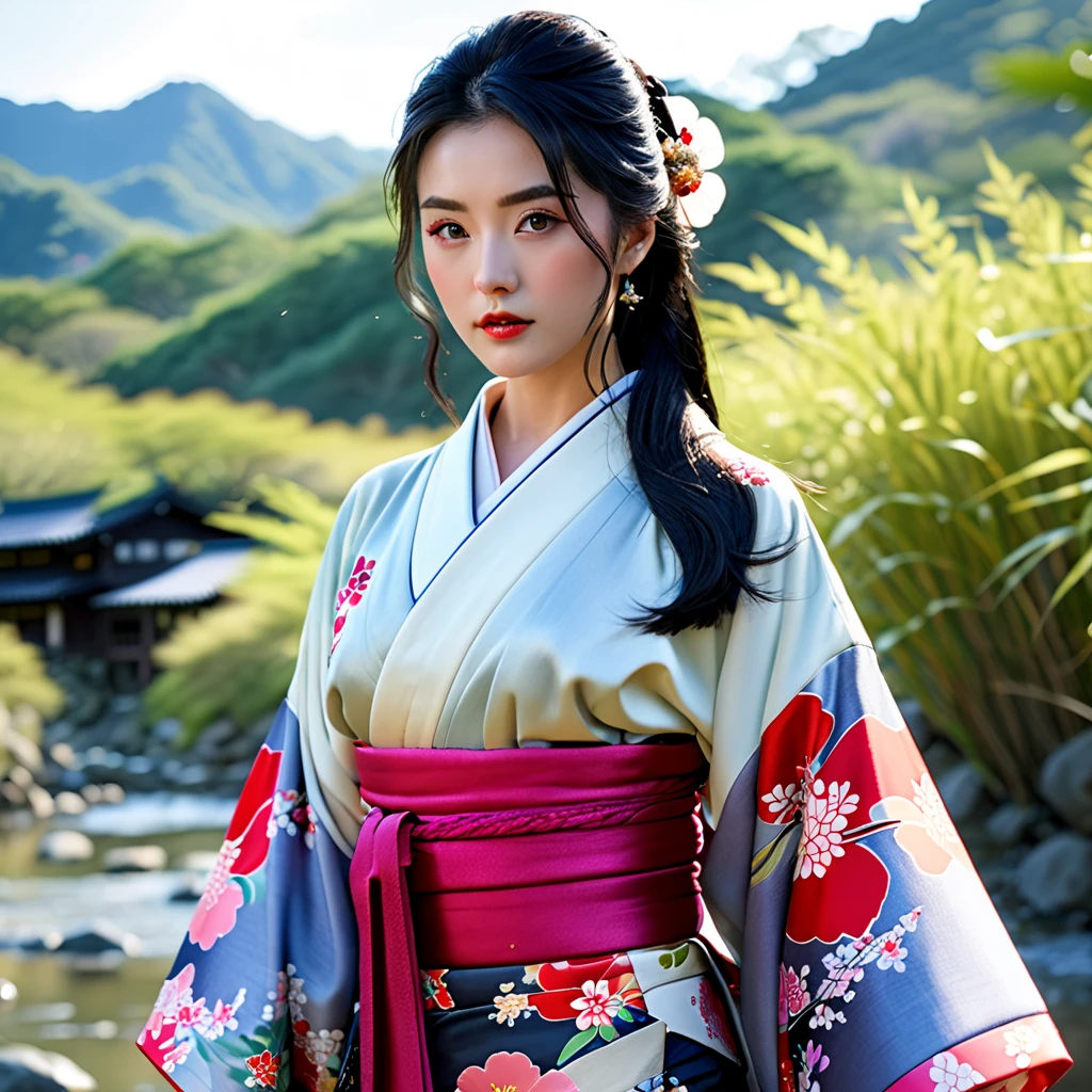 最high quality、high quality、Best image quality、8K、最High resolution、High resolution、最high quality、masterpiece、RAW Photos、whole body photos、Detailed and realistic human body、Detailed and realistic skin、Realistic face in every detail、Detailed and realistic eyes、Detailed and realistic lips、Detailed and realistic teeth、Detailed and realistic ears、Detailed and realistic hair、Realistic reproduction of every detail、Realistic fingers in every detail、(Perfect and beautiful hands、thumb1reference4)、Realistic feet down to the last detail、((Beautiful Japanese Girl))、(Japanese Model)、((Beautiful 16 year old girl))、((A girl who looks like Shinobu Kocho)、(Black Hair)、(Straight hair)、((whole body))、(Slim and perfect figure)、(whole body, Fair skin)、Soft natural light、kimono、Ninja Costume、Japanese tradition、Japanese garden、((Colorful Leather(Floral kimono))、((肌に吸い付くkimono))、((Natural poses in the garden to make your thighs look beautiful))