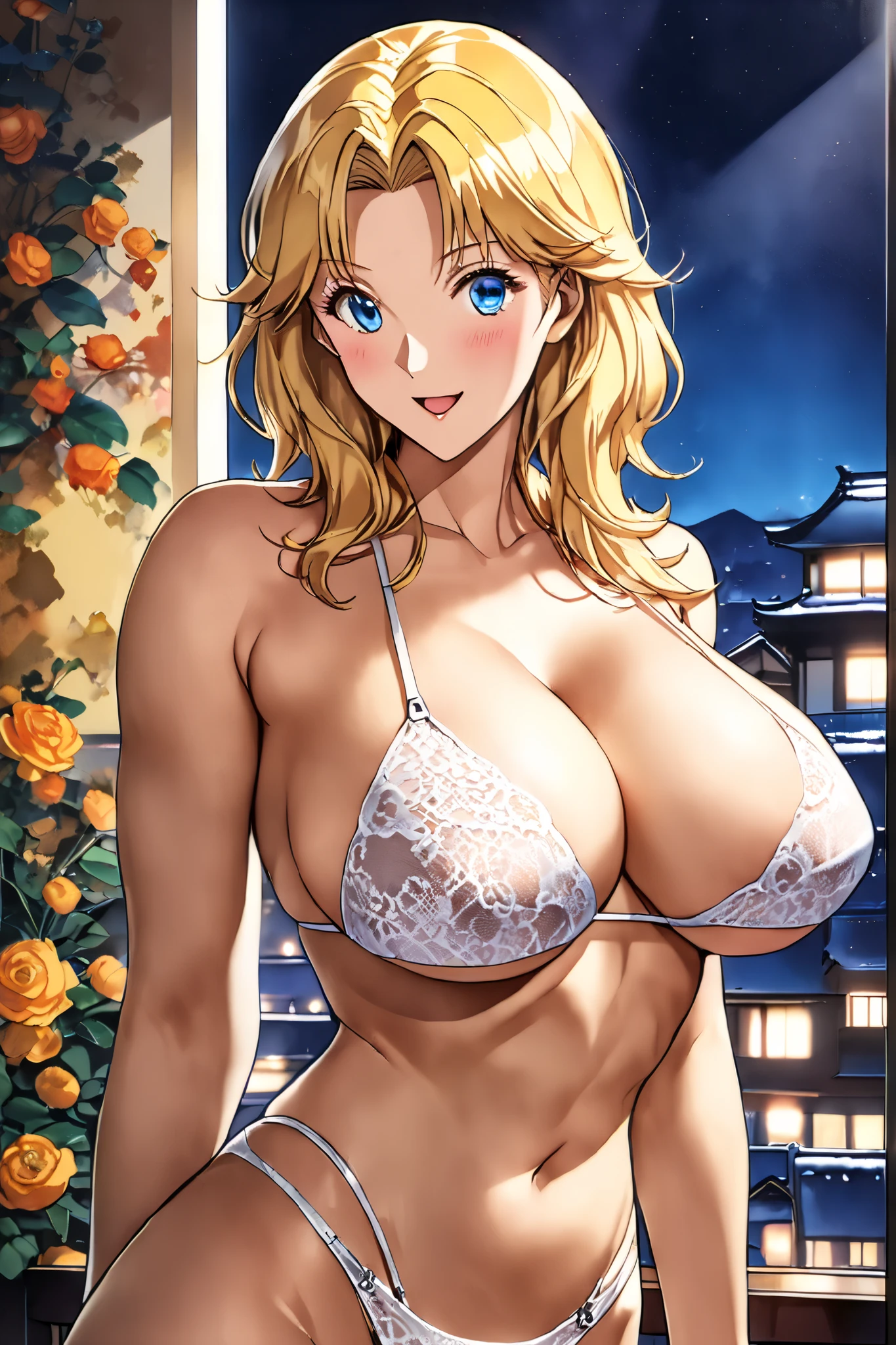 masterpiece, BestQuality, High resolution,16k,official art,super detailed skin,detailed,animated painting,(Jodie Bakuryuu Karen:1.3),1990s \(style\),(G-cup big beautiful breasts), (tall:1.2),(height: 180cm,Fashion model body type:1.6),(white lace bikini underware:1.3),(blondy:1.3),medium hair,blue eyes,(athletic Muscular:1.6)、1girl,solo,nsfw,sexy,big laugh,shy,blush,Anime-style painting style,Close up on upper body,Cinematic lighting,Superfine,in the room,night,winter,(sexy),extreme closeup