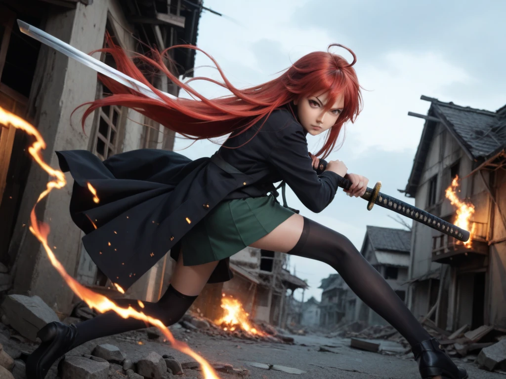 1 girl, cowboy shot, rubble ruins,a little anger, (battle preparation:1.2), open your mouth, (night:1.2), explosive inflammation,shana, red eyes, redhead, very long hair, hair between eyes, (Ahoge:1.1), explosive flame,abandoned building,rubble serafuku, green skirt, Thighhighs,long Japanese sword wrapped in flames..,highest quality, masterpiece, High resolution, black long coat,
shana, red eyes, red hair, very long hair, hair between eyes, ahoge),  score_9, score_8_up, score_7_up, source_anime, Swing a japannse sword with both hands ,(photo realistic:1.4),(realistic skin:1.4),photo realistic,Holding a Japanese sword with both hands,Battoujutsu,Put your hand on the pattern of a
 Japanese sword,A giant Japanese sword with a black handle,Sparks dance in the dark,Burning Sky , a long Japanese sword with black handle,(holding (katana sword:1.2)), (blade shimmering), Late Night