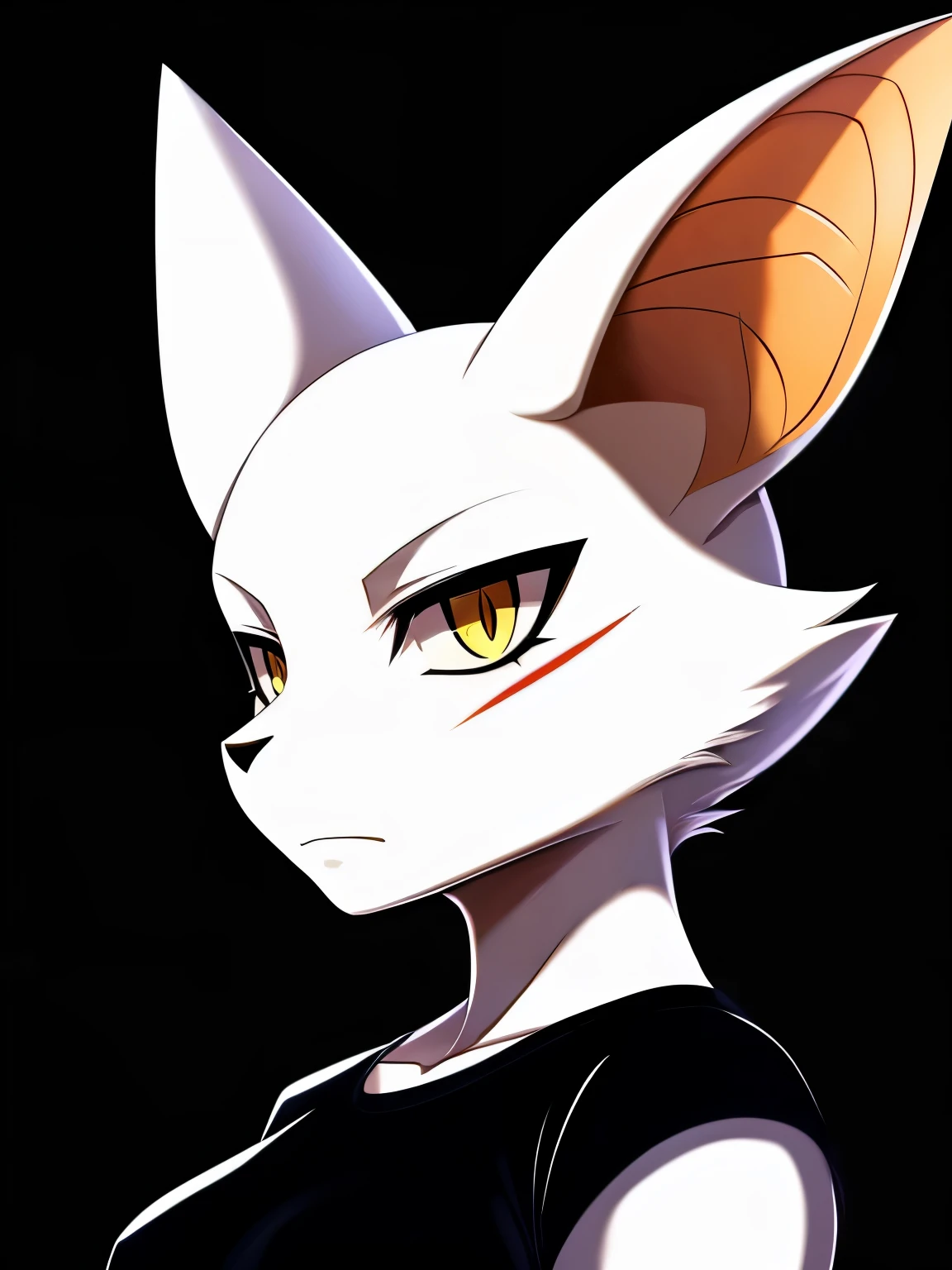 SFW version, anime, anime style, solo drawing, ((three-quarter view)), ((Facing viewer)), ((profile picture)), ((Anthro bat character)), ((Fit figure)), ((white skin)), ((white bat ears)), ((white face)), ((wearing a black shirt)), neutral expression, bright yellow eyes, solid black background, highly detailed anime style, clean lines, beautiful demoness, female demon, gorgeous demon, short muzzle, furry cheeks, furry muzzle