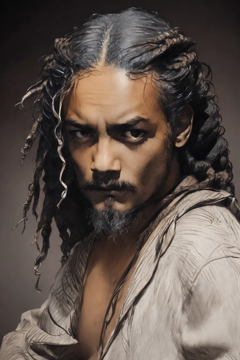 a black brazilian man with dreadlocks, digital art, detailed facial features, expressive eyes, handsome, intricate hairstyle, studio lighting, realistic skin, warm color tones, photo-realistic, 8k, highres, masterpiece, digital painting, artstation