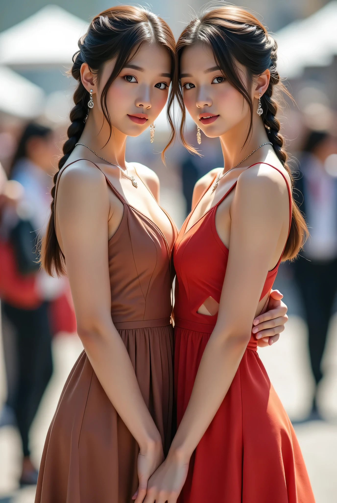 (8k, top quality, masterpiece), ( realistic , photo realistic : 1.37), more details , girl in dress 、Girl putting her hands around her waist 、{Companion girl wearing a dress } Wear a tight dress、Companion girl wearing a 、 big bust model figure、 short braided hair 、 Very Delicate Depiction 、 staring at the camera 、Motor show、チームカラーのCompanion girl wearing a dress、 cm apart
