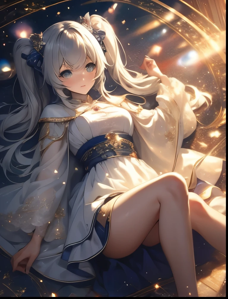 (((SFW、Precision、Highest quality、A first-class masterpiece、Normal body、8k、 Detailed Face 、Ultra-precision、 Normal hand、5refer to、Highest)))、" Spirit Fantasy"、Celia Claire、Celia Claire、 Silver Hair、 twin tails、 short、 slender、Big Breasts、 beautiful feet、 Miniskirt Robe、A gentle smile、Create a magic circle on the floor、On top of the magic circle、Shining Magical Particles
