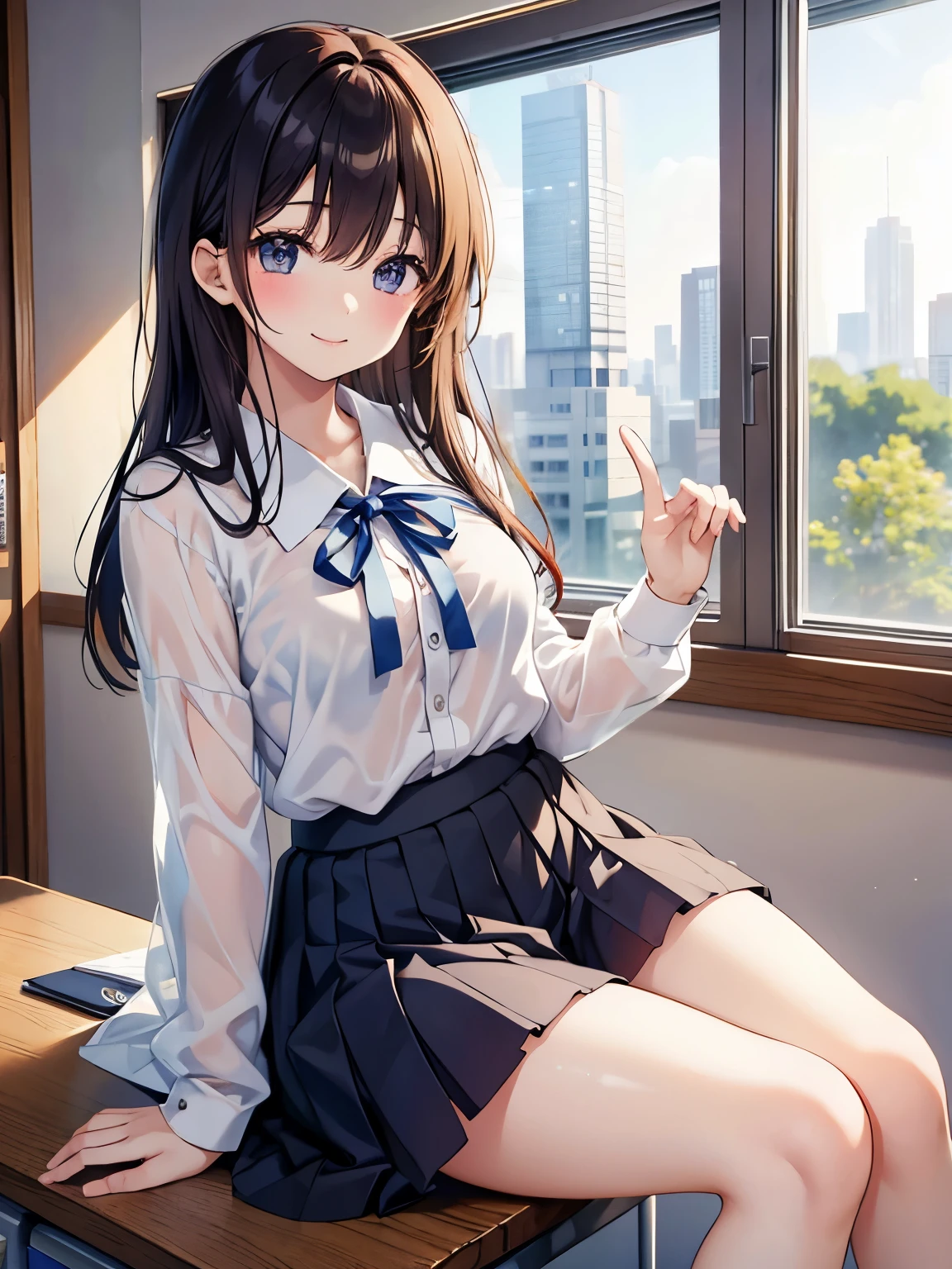  top quality，8k，smile，White sheer blouse、 Japanese high school uniform 、 ， high school girl，Multiple girls are depicted 、classroom、 、Bare legs、Panty exposure