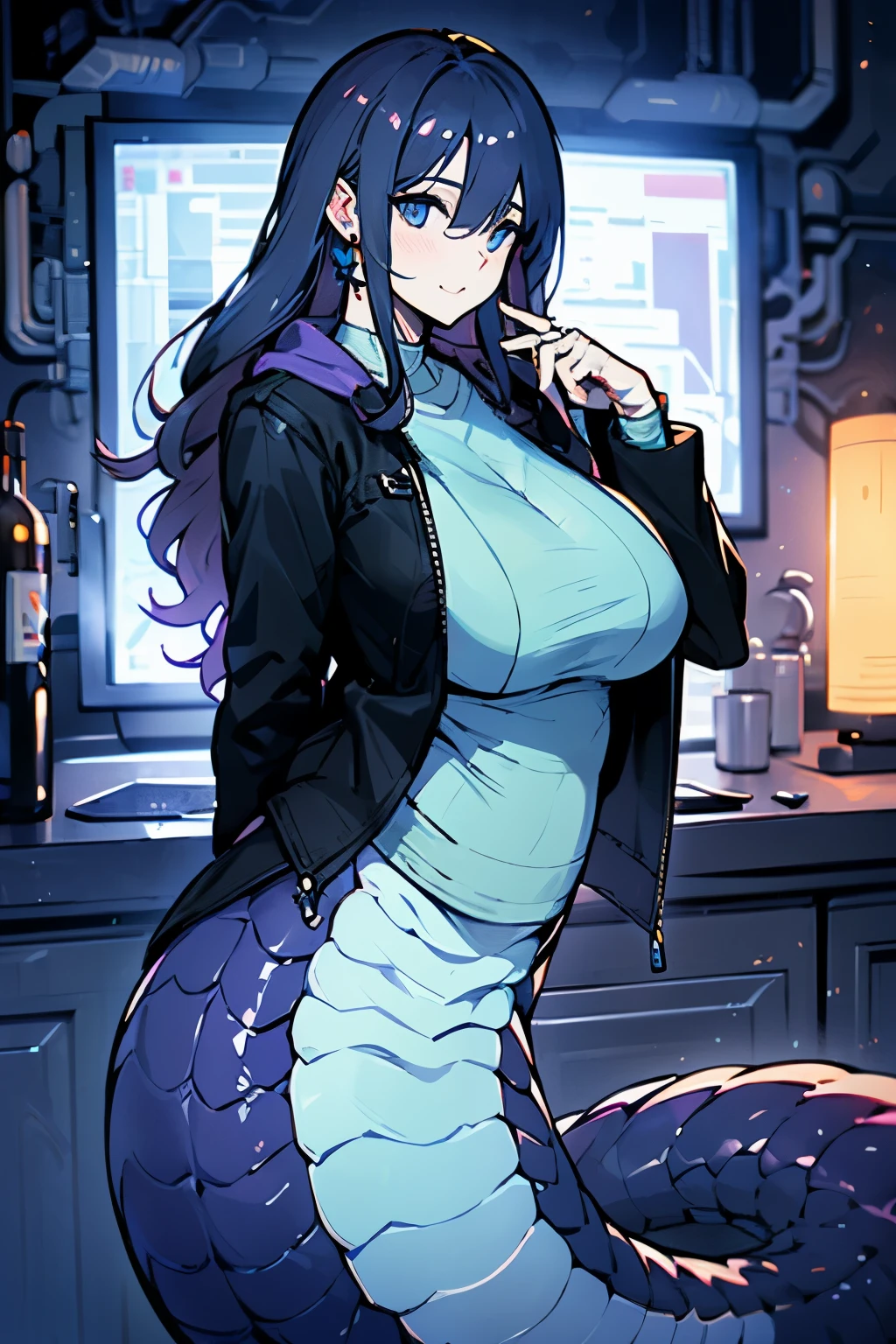 (Masterpiece: 1.5), (Best Quality: 1.5), Superb Painting, Perfect Eyes,Wiz, Detailed Eyes, 1 Woman, Mature Woman, cinematic light, wavy purple, lamia, lamia hybrid, lamia tail, thick body, wavy dark purple hair, white skin, high resolution, scales, slightly chubby body, neon, baggy clothes, cyberpunk jacket, baggy jacket