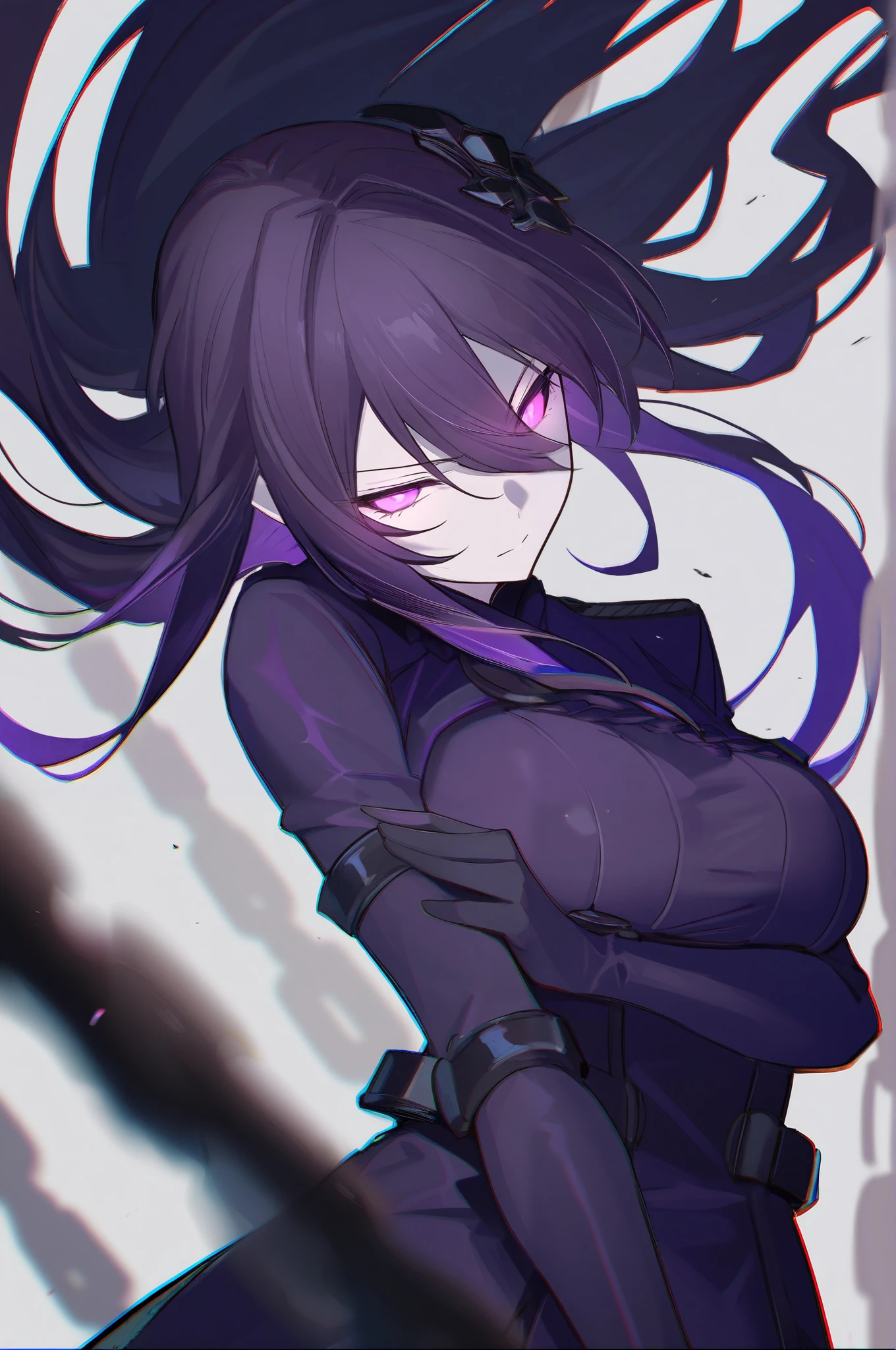 The strong girl has black and purple hair, she is very cute, and her two eyes are covered with black cloth