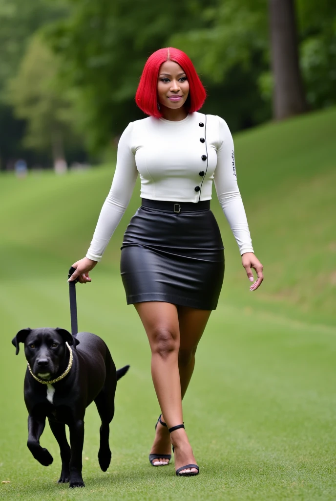 (((Nicki minaj in a park walking her dog, she's walking her dog with a dog leash that's connected to the dog, dog leash, detailed dog leash, black dog, normal walking dog, dog is walking in front of nicki))), (((nicki minaj realistic face, Nicki minaj detailed face, Nicki looking in the camera))), Nicki wearing a stunning white thight silk woman shirt with black buttons and (((black shiny tight short skirt))), striking bob silk detailed red hairs, She gazes directly at the viewer with a smiling expression, nicki locking eyes into camera, Nicki is stunning with her sexy hourglass figure, large hips, perfect curves. (((In the picture you have a full view of nicki and the dog and the park, lateral view))). The image is captured in a raw unfiltered style with the Nikon Z8, highlighting the natural textures and rich detail in her hair and clothing. The background is a park during summer with lots of green,  with soft, natural lighting that casts gentle shadows, giving the shot a clean and polished vibe. Masterpiece, good quality picture.