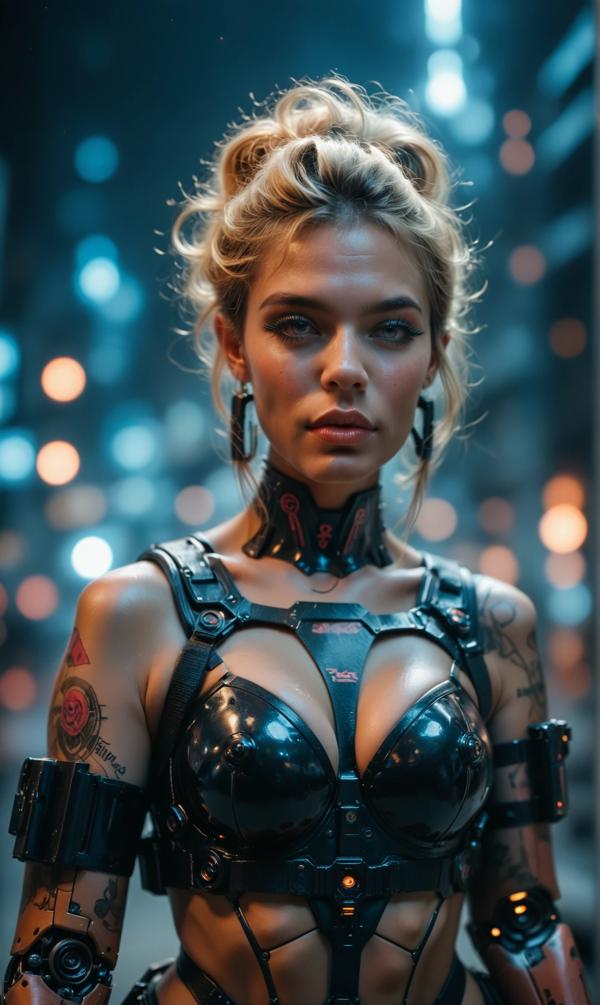 A cute fashion model (age 25, crazy hair, trendy makeup, sci fi leather club outfit, many blinking lights and gadgets), displaying her cyberpunk club wear, fashion show on the runway, full body shown
