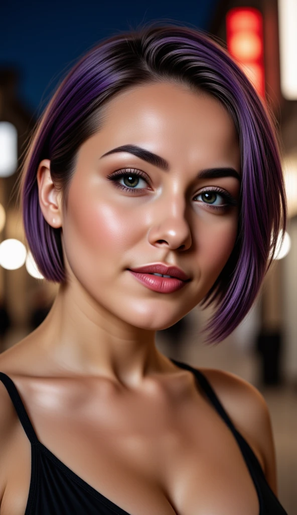 instagram photo, closeup face photo of a young french in dress, beautiful face, makeup, night city street, bokeh, motion blur, purple hair, professional make up