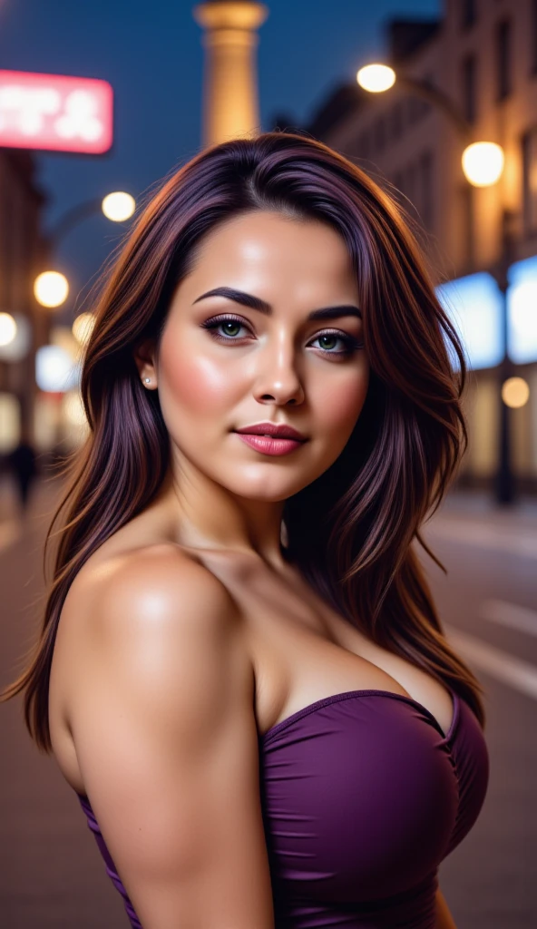 instagram photo, closeup face photo of a young french in dress, beautiful face, makeup, night city street, bokeh, motion blur, purple hair, professional make up