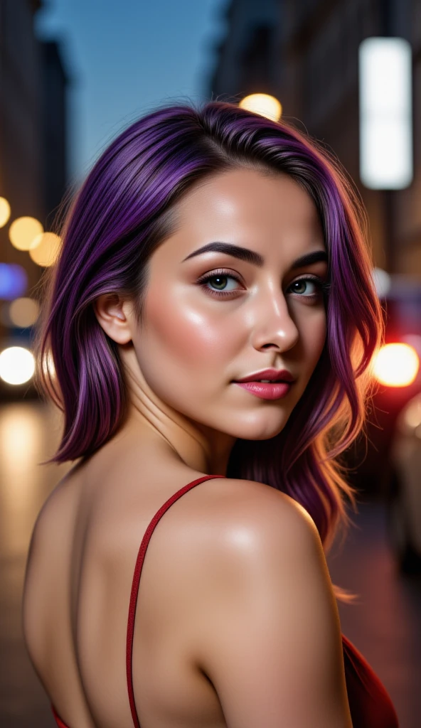 instagram photo, closeup face photo of a young french in dress, beautiful face, makeup, night city street, bokeh, motion blur, purple hair, professional make up