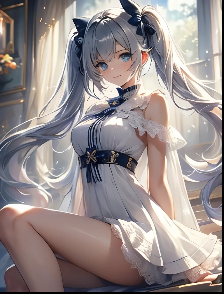 (highest quality, masterpiece), One girl, Twin tails、Pause, particle, Wind, flower, Upper Body, Simple Background, View your viewers, , Milky Way,smile、Turquoise eyes、（Silver Long Hair）、cute、Twin taililky way、Crescent Moon、、((flower柄、pink、Semi-transparent sailor suit、Her breasts are visible through her eyes.、Stylish lace mini skirt,Translucent swimsuit))、