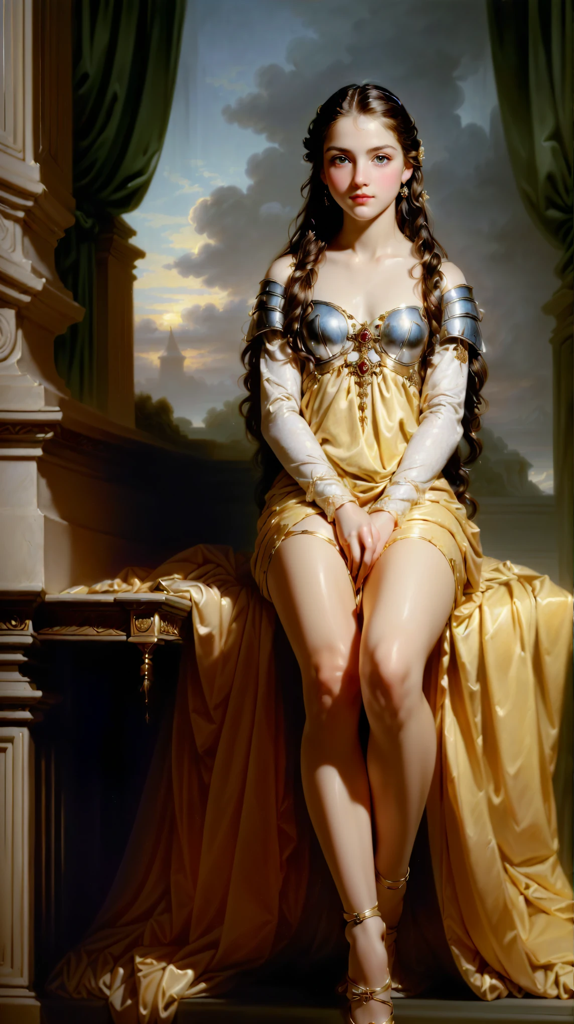 two eggs laying in a bed beside a beautiful greek queen in a big castle room, renaissance period 
