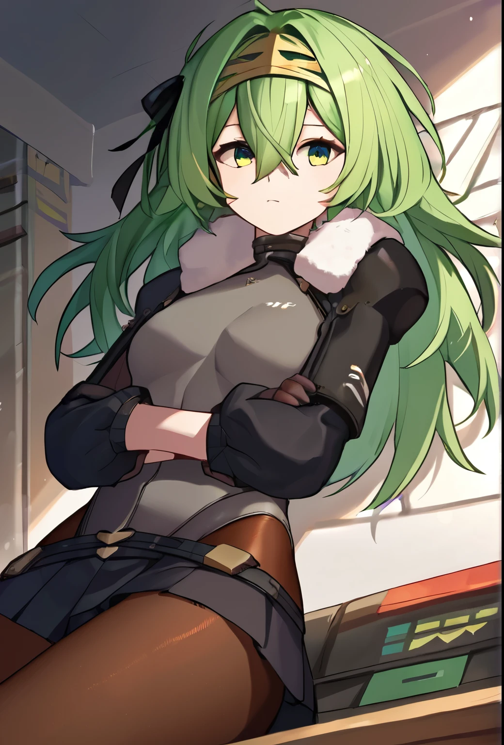 score_9, score_8_up, score_7_up, source_anime BREAK 1girl, solo, kilo, green eyes, green hair, long hair, hairband, black hair ribbon, fur trim, grey leotard, black sleeves, long sleeves, black skirt, pantyhose, gloves