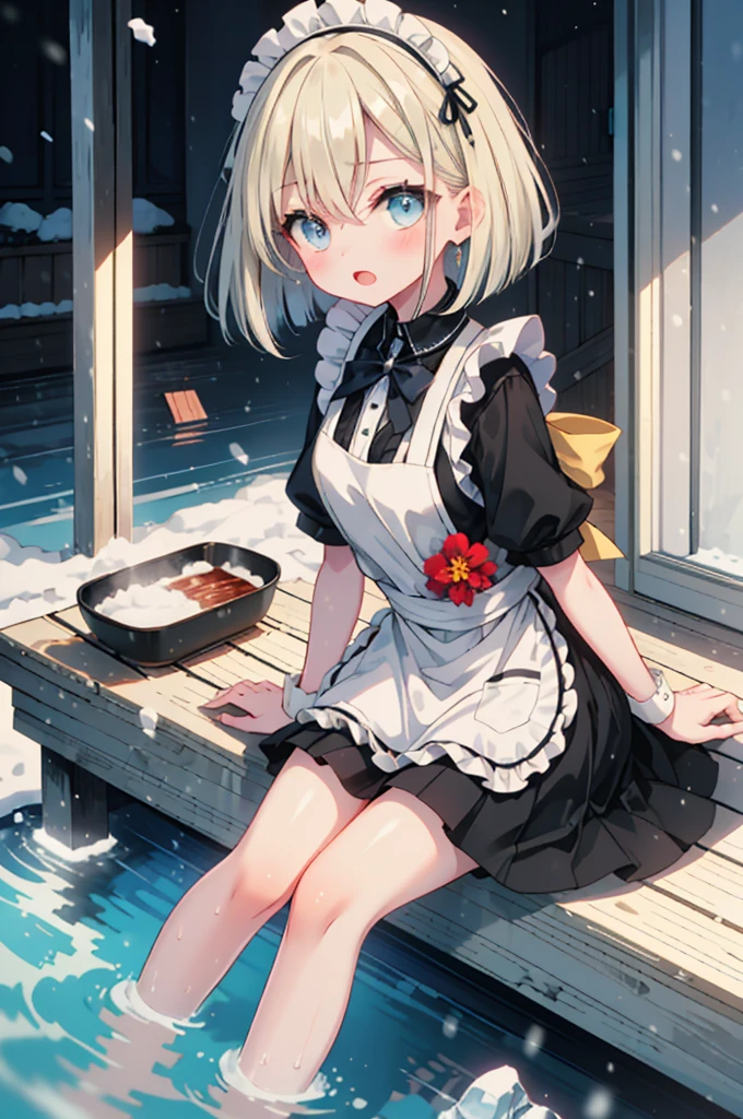 (8k,  super high quality , masterpiece:1.2),  ultra high definition,  cute,  girl , solo, whole body, Blonde, Blue Eyes,  small tits,  in white and black maid clothes , black dress,  white apron,  apron dress,  headband,  blue bow , night,  Fantastic Scenery, Warm lighting, Thick Fog, outside,  Open-air Bath, Sitting on the edge of the bathtub, Foot bath, Just the legs湯に浸ける,  Snow Scenery ,  it's snowing,  bathtub made of rock, Just the legs, Foot bath,  open your mouth, Snow on the body, 