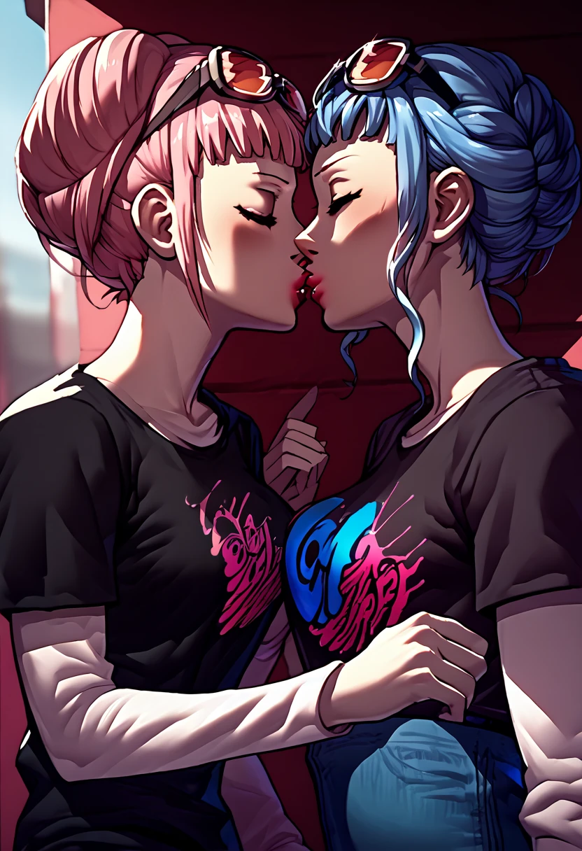 2 girls, sunglasses on head, lipstick, black t-shirt, clothes writing, layered sleeves, large breasts, jeans, Hilda Valentine Goneril, Marianne von Edmund, kissing