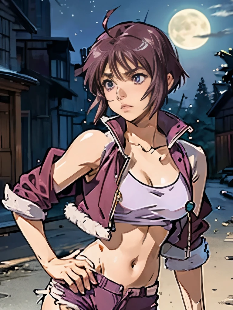 top quality、 anime style、 Luna Maria Hawke 、purple short cut woman (Soft and fluffy、 slightly long neckline 、Purple、 rugged expression)、 white tank top(Medium breast、 belly button out)、 Red Jacket、 black hot pants(The zipper is empty)、run、run away、Rock Mountain at Night