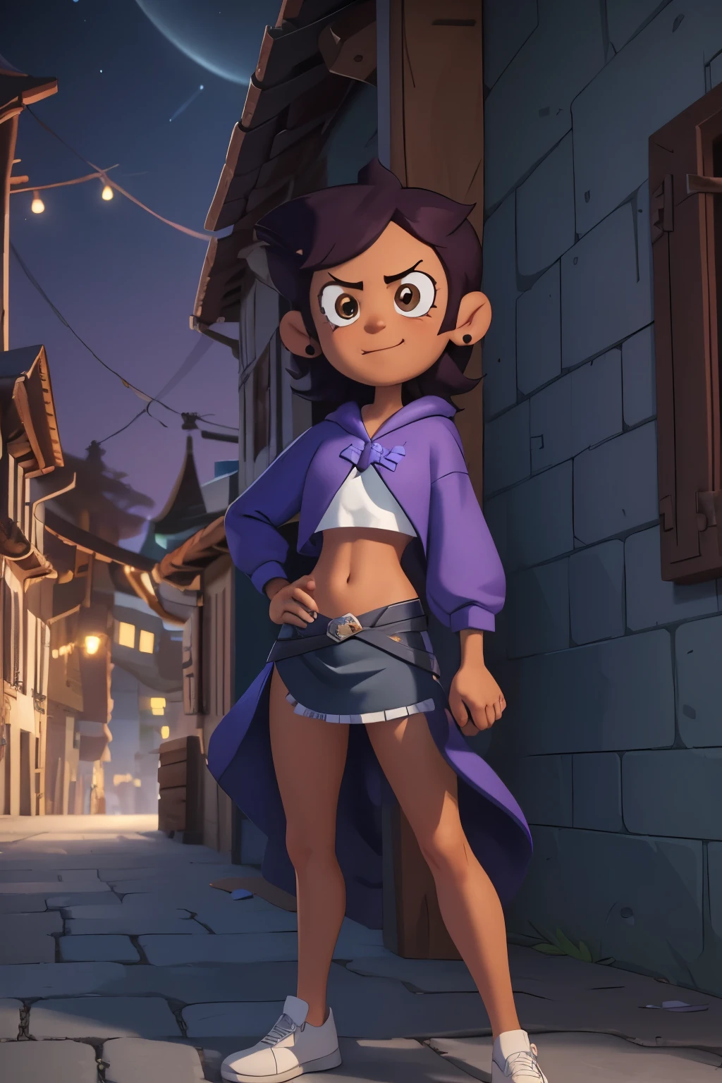1girl, masterpiece, (detailed background), best quality, absurdres, looking at viewer, menacing but sexy pose, purple hoody, midriff, white background, white loafers, thighs, adult luz noceda, micro skirt, full body, village spanish europe, nighttime