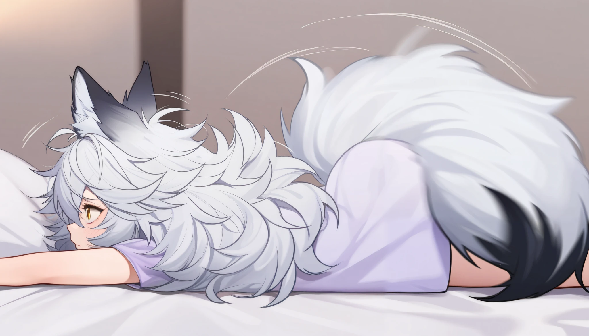 score_9,score_8_up,score_7_up, source_furry, a tall female wolf anthro, furry, gray snout, black nose, blue eyes, athletic body, short spiked undercut platinum blonde hair, black lips, wolf tail, wolf ears, lying on a bed, ahegao, clenched canine teeth, sharp canine teeth, (view from side:1.5), top down ass up, raised ass, long hair, close up, grabbing sheets, face closeup, big ass, in heat, panting, hot breath, flushed face, sweat, begging for sex, (dark gray fur:1.3), raised tail, two tone fur,