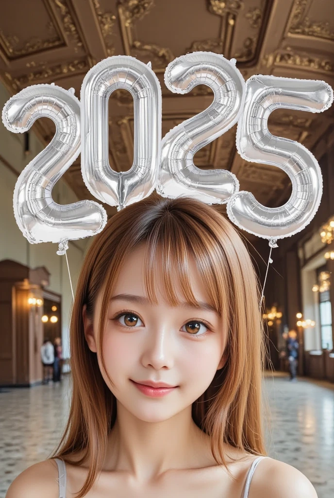 detail photo, detail face, beautiful young woman stand behind the foil balloon in word '2025', 100 pieces foil balloon in word '2025', in the hall