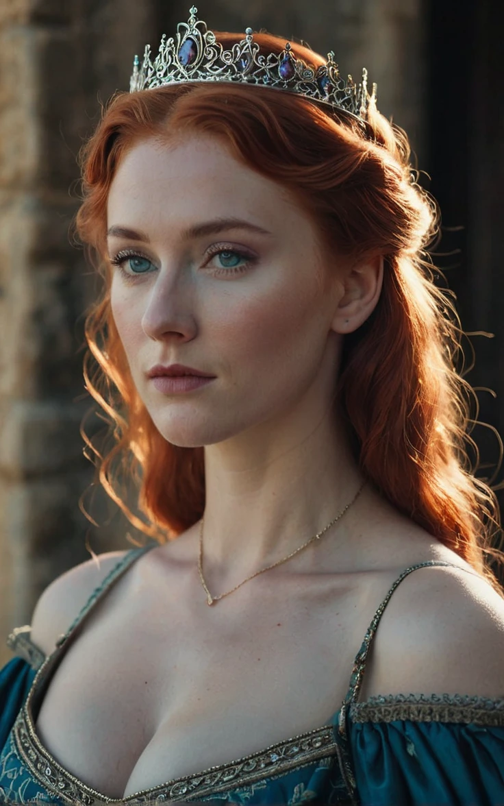 Face of Sophie Turner, Sansa Stark played by Sophie Turner, the de facto Lady of the Eyrie, is a 40-year-old mature queen with a stunning, alluring appearance. Full Face, pierced eyes, reddish lips, upper body shot, erotic Mediaeval costumes, game of thrones costumes, She wears a Game of Thrones-inspired costume and has a deep cleavage, a perfect thick body, and a perfect thick figure. The photograph captures her in a close-up, with her skin texture and facial features being ultra-realistic and realistic.