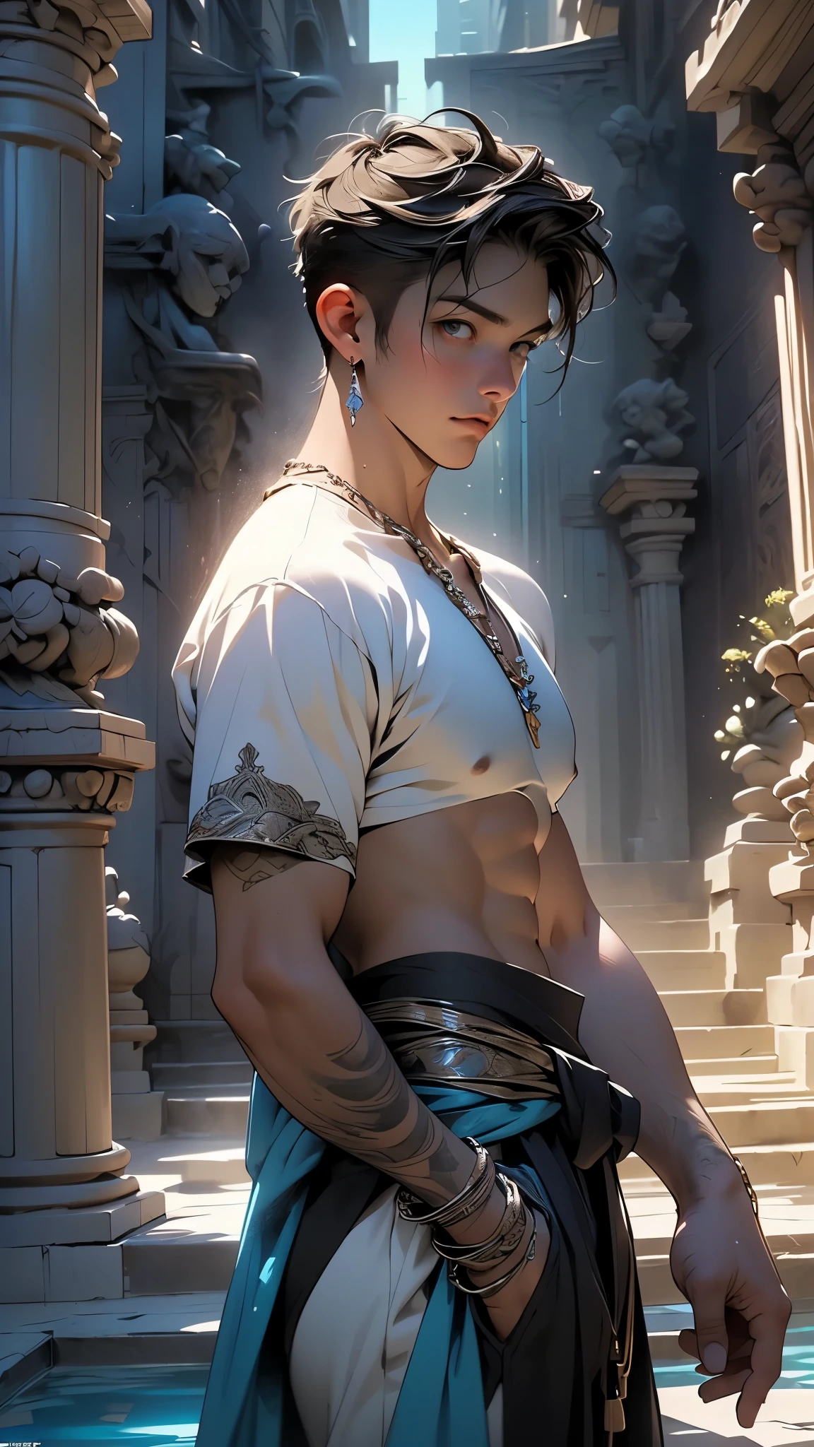 Barbarian Setting: A young white male dark mage with very short hair and an undercut. Male. Extremly pale skin. Liverspots. Slim. Big forehead. Upturned brown eyes. Very thin barly visible eyebrows. Long nose. Curved lips. Very soft round chin. Very short Dark-brown hair. Undercut. Sides shaved. Dark make-up. Kind. Friendly. Wearing long transparent black pants in a oriental, barbarian style. Black armwrists. Background: An anciant desert.