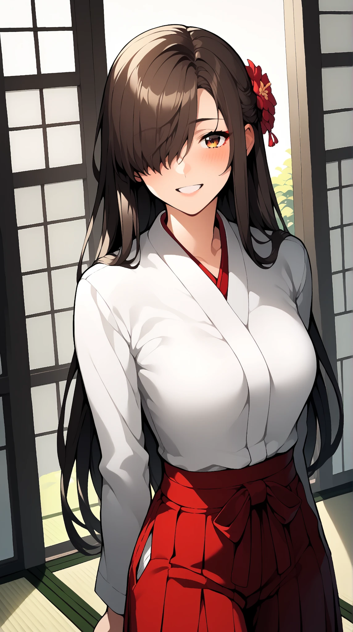 face focus, cowboy shot, happy, smile, hakama skirt, teeth, akagi_kantaicollection, long_hair, black_hair, closed eyes, miko clothes, 1girl, solo, (masterpiece:1.6, best quality),
