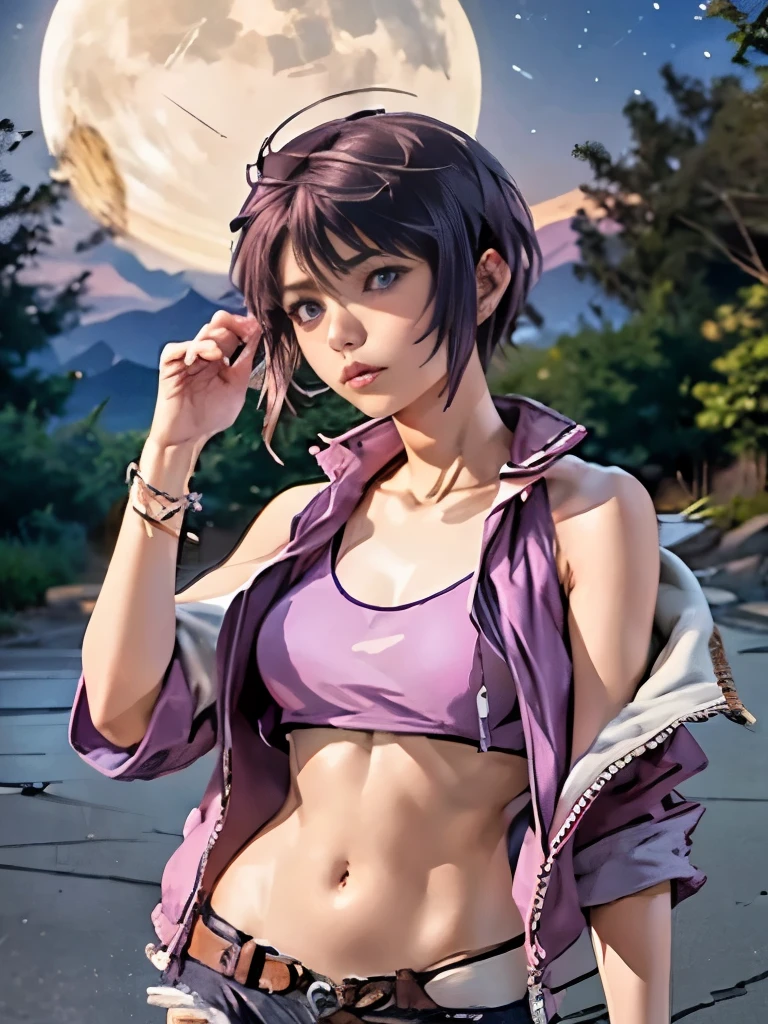 top quality、 Luna Maria Hawke 、purple short cut woman (Soft and fluffy、 slightly long neckline 、Purple、 rugged expression)、 white tank top(Medium breast、 belly button out)、 Red Jacket、 black hot pants(The zipper is empty)、run、run away、Rock Mountain at Night