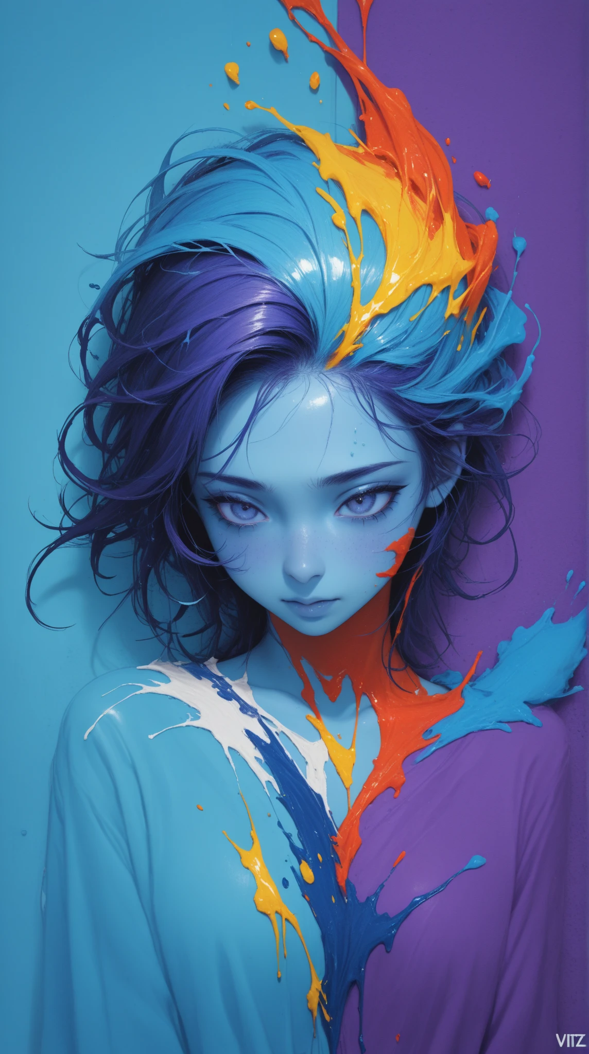 masterpiece, best quality, ultra high res, 1girl, (abstract art:1.4), portrait, bleeding blue, (cyan and orange theme), visually stunning, beautiful, evocative, emotional, side view, perfect lighting, perfect shading, volumetric lighting, subsurface scattering, (beautiful face), gorgeous, stunning, (intricate, detailed), (photorealistic:1.5), (mature adult:1.37), (abstract expressionism:0.3), seductive, sexy, flowers:0.25,