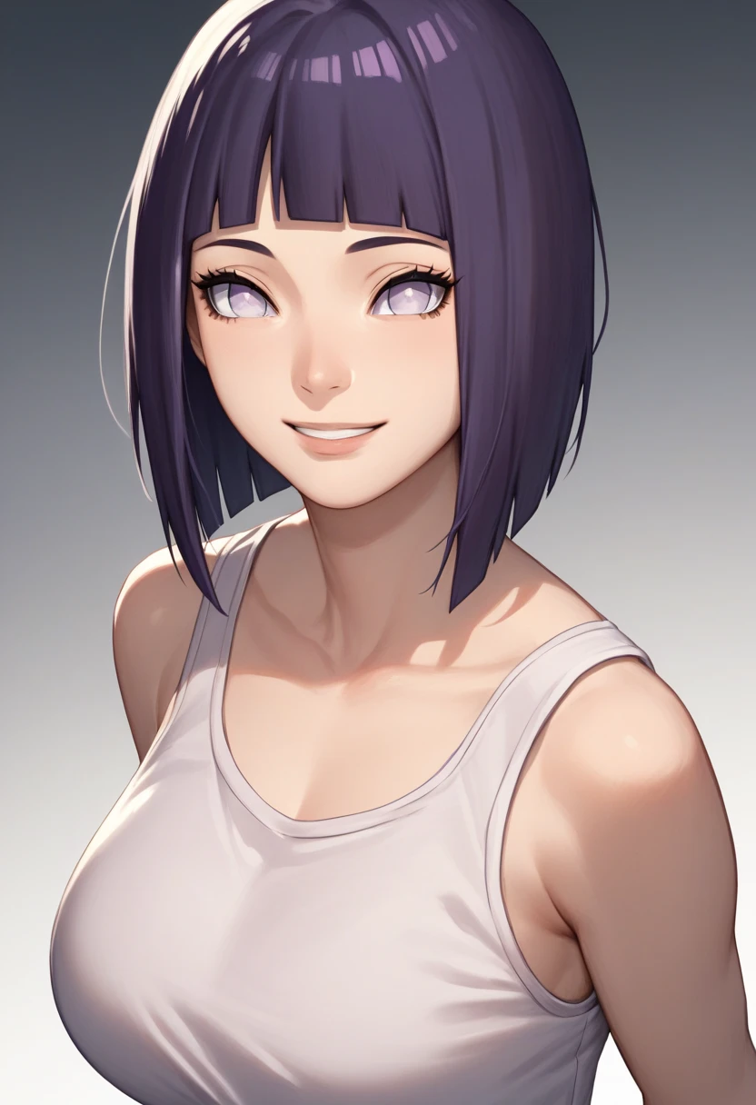 (best quality, masterpiece), 1girl, (Hinata Hyuga), dynamic poses, upper body, white tank top, from above, blue white background, anime, hentai, dark purple hair, short hair, dark purple straight hair bangs, dark purple bob hair, light purple pretty eyes, black eyelashes, big breast, friendly smile