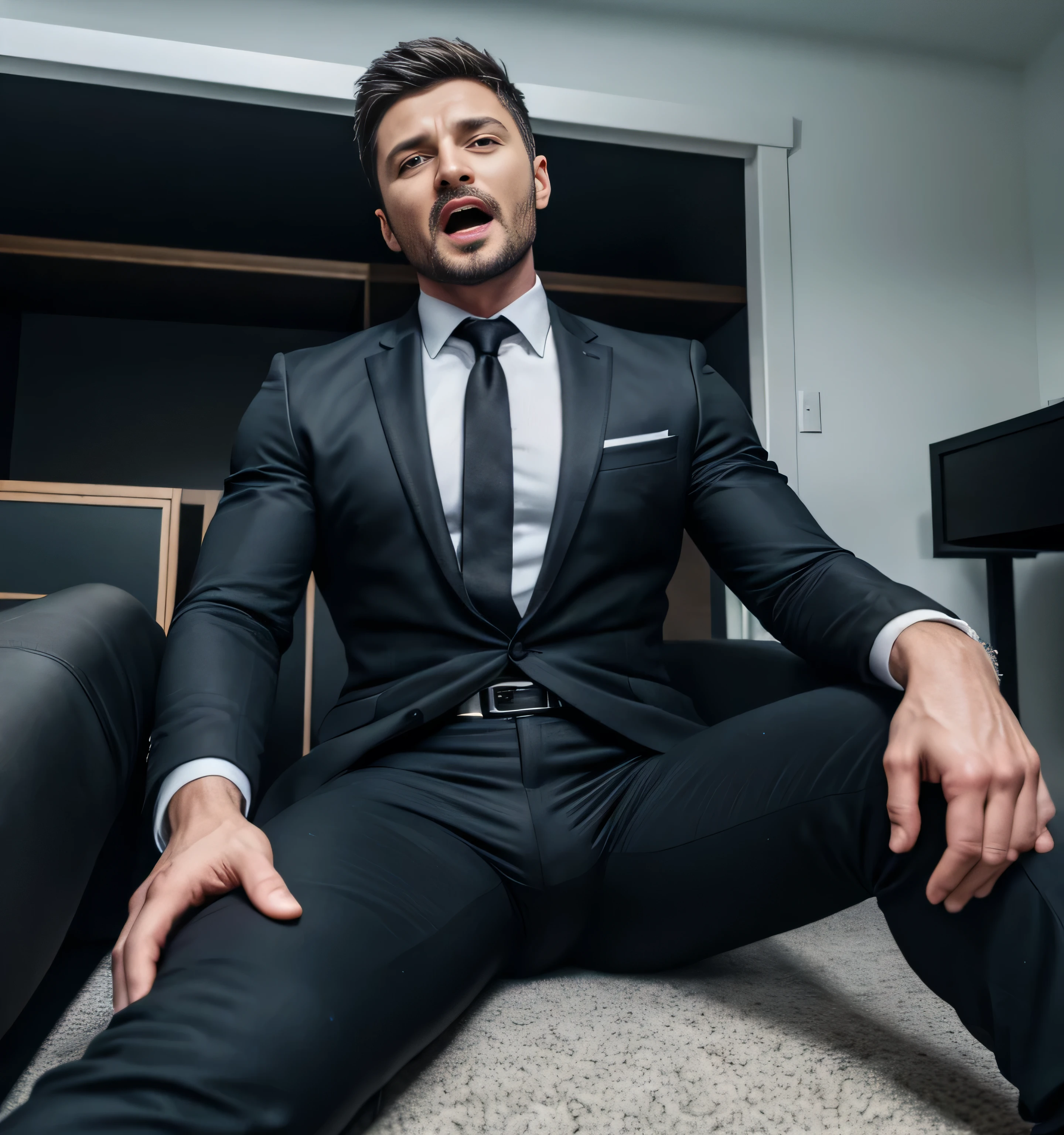 30 years old Indian grey business suit man dark color laying on bed tall and big monster penis, masterpiece