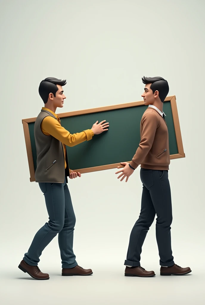 Two 19 year old indian school boys wearing white long sleeve shirt with black trousers and black belt and shoes kneel in the class room with their hands raised straight high up next to the black board 