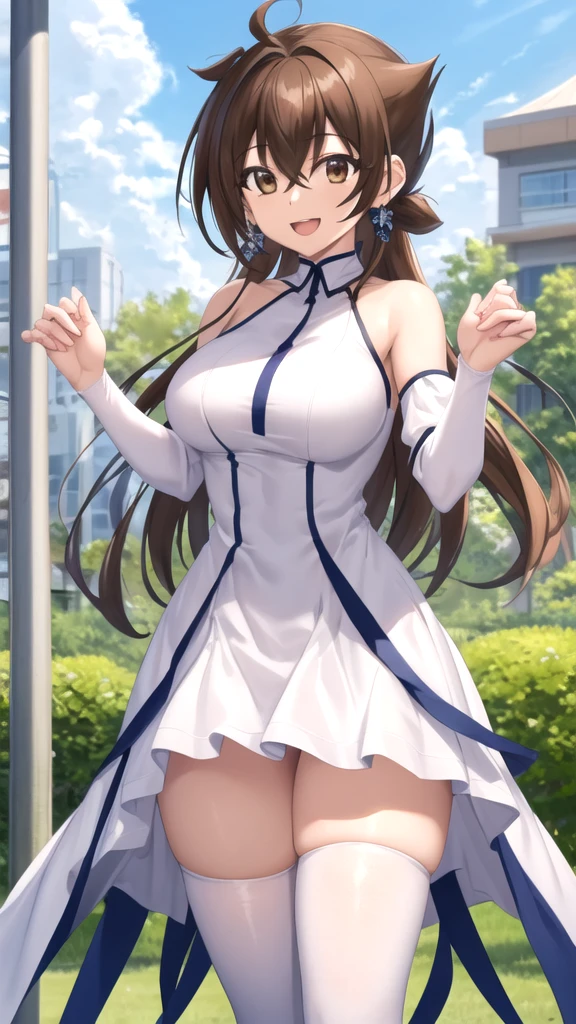 masterpiece, best quality, high quality, girl, solo, looking at viewer, issei_hyoudou, brown hair, brown eyes, hair between eyes, large breasts, white dress, detached sleeves, blue thighhighs, standing, outdoors, smile, open mouth 