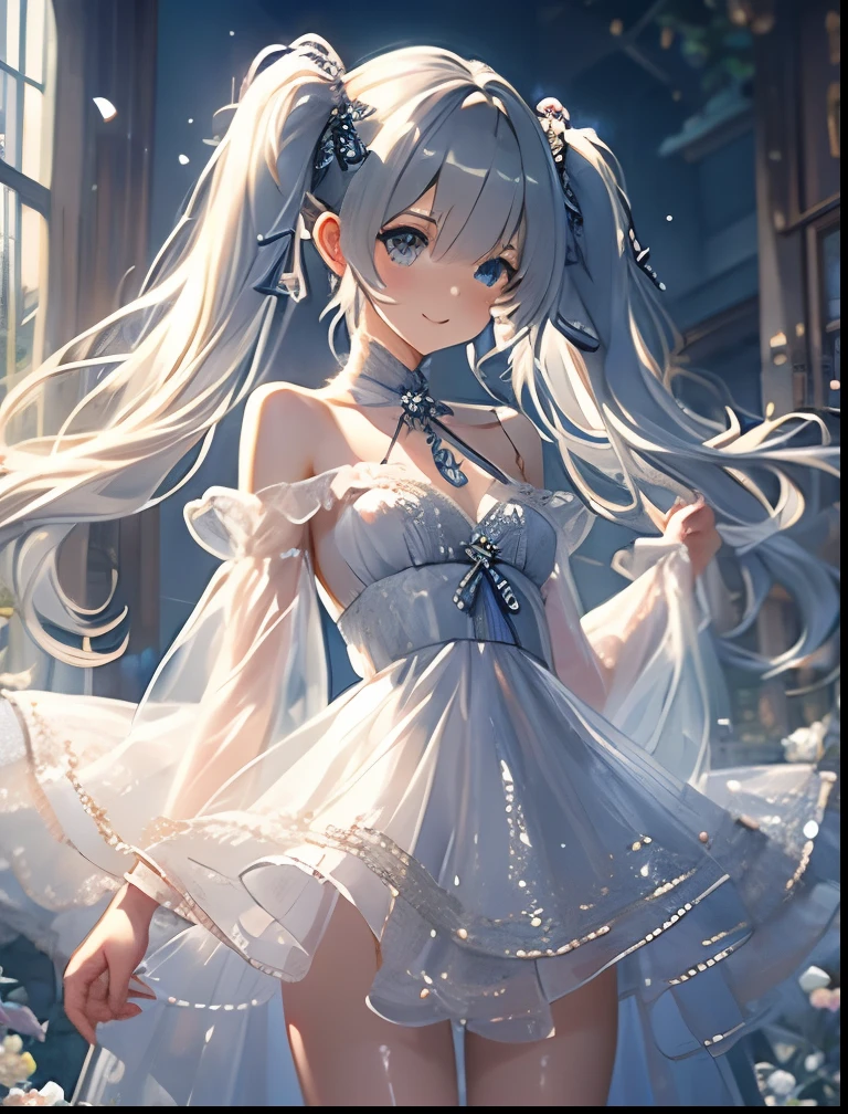 (((SFW、Precision、Highest quality、A first-class masterpiece、Normal body、8k、 Detailed Face 、Ultra-precision、 Normal hand、5refer to、Highest)))、" Spirit Fantasy"、Celia Claire、Celia Claire、 Silver Hair、 twin tails、 short、 slender、Big Breasts、sheer sheer transparent dress 、 sheer sheer transparent mini skirt、 gentle shy blush smile、M-shaped open legs sexy pose 、Chain