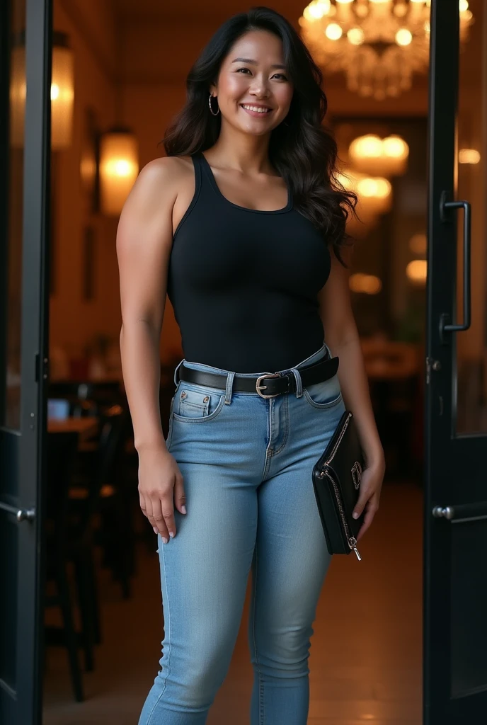 Ashley graham looking girl in pretty jeans and black tshirt looking classy