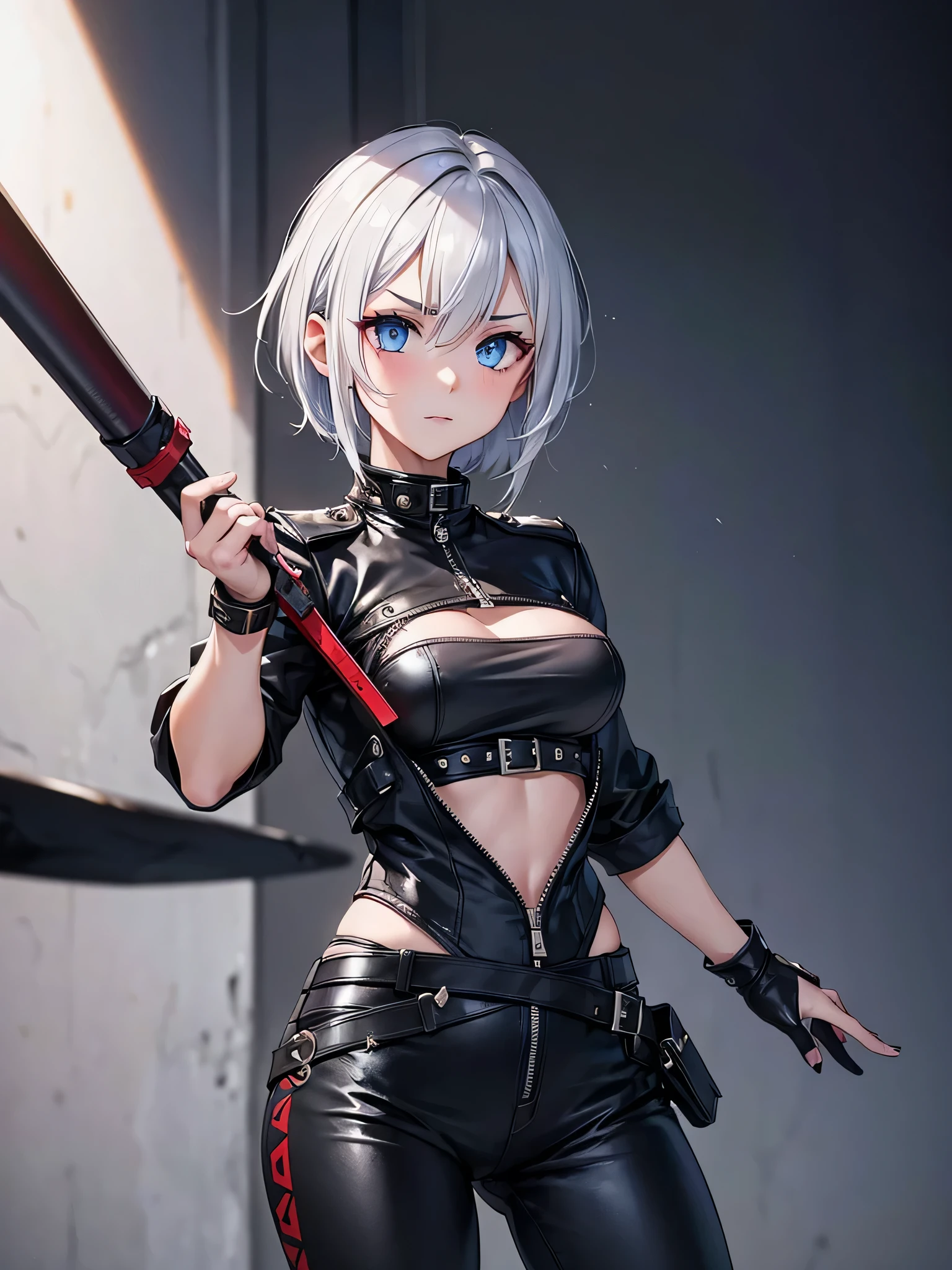 (Young Face),(Perfect eyes), (Perfect hands), (Perfect fingers), (neck-length short hair: 1.5), (Concise tight skirt: 1.3), Silver hair, Collar, (gloves: 1.2), (guns), chains, in the distant future, the line between science fiction and fantasy has disappeared,(Very detailed CG 8k wallpaper), (Extremely delicate and beautiful),Beautiful lighting, Realistic Shadows, [High resolution], detailed skins, Ultra Detail, nffsw (High dynamic range), Ray tracing, NVIDIA RTX, Hyper-Resolution, Unreal 5, Subsurface scattering, PBR Textures, Post-processing, Anisotropy Filtering, depth of fields, Maximum sharpness and sharpness, Multilayer Texture, Albedo and Highlight Mapping, Surface Shading, Accurate simulation of light-material interactions, Perfect proportions, Octane Render, bi-color light, Large aperture, Low ISO, White Balance, thirds rule, ,Dutch Angle,Good anatomy),Dynamic Pose, actionpose, open pose, (dark brown eyes),with strobe light、Dramatic shadows and highlights、Create images with a sense of depth and three-dimensionality,1 Female Gothic、Tangles、ornate,
