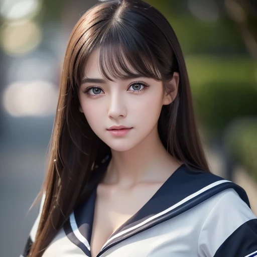 1 girl, (highest quality:1.4), (super detailed), (Highly detailed beautiful face), wonderful face and eyes, black eye, black hair, (sailor suit), (cleavage), Smooth, Highly detailed CG integrated 8k wallpaper, High resolution raw color photos, professional photos, light, Backlight, dream-like, impressive, Depth of bounds written