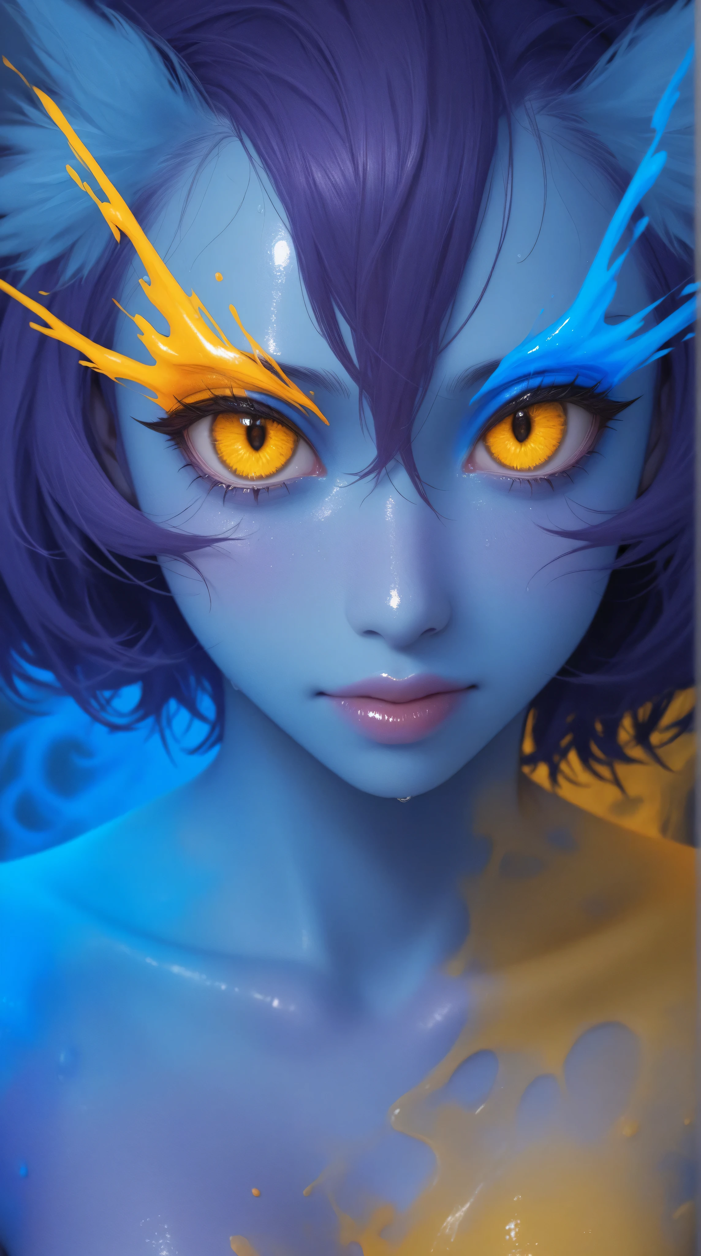 ((ultra detailed, masterpiece, absurdres))
AvKiri, 1girl, blue skin, yellow eyes, black hair, short hair, portrait, huge round breasts, perfect nipples, in the forest, yellow sexy dress