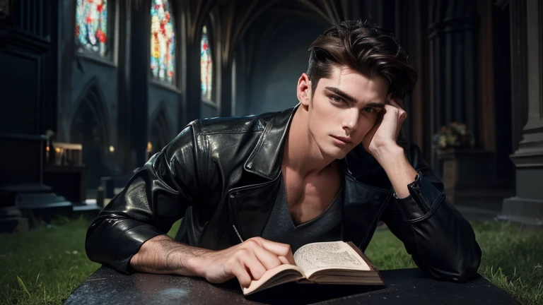  a beautiful sexy boy with a perfect face,  reclining on a grave , Leaning against a tombstone reading a book ,  his body is defined and lightly sweaty ,  especially leather that has fallen lightly over his leg .  Some crows are in the room and an imposing Gothic church is in the background.  extremely detailed and perfect face, realistic and impressive image .