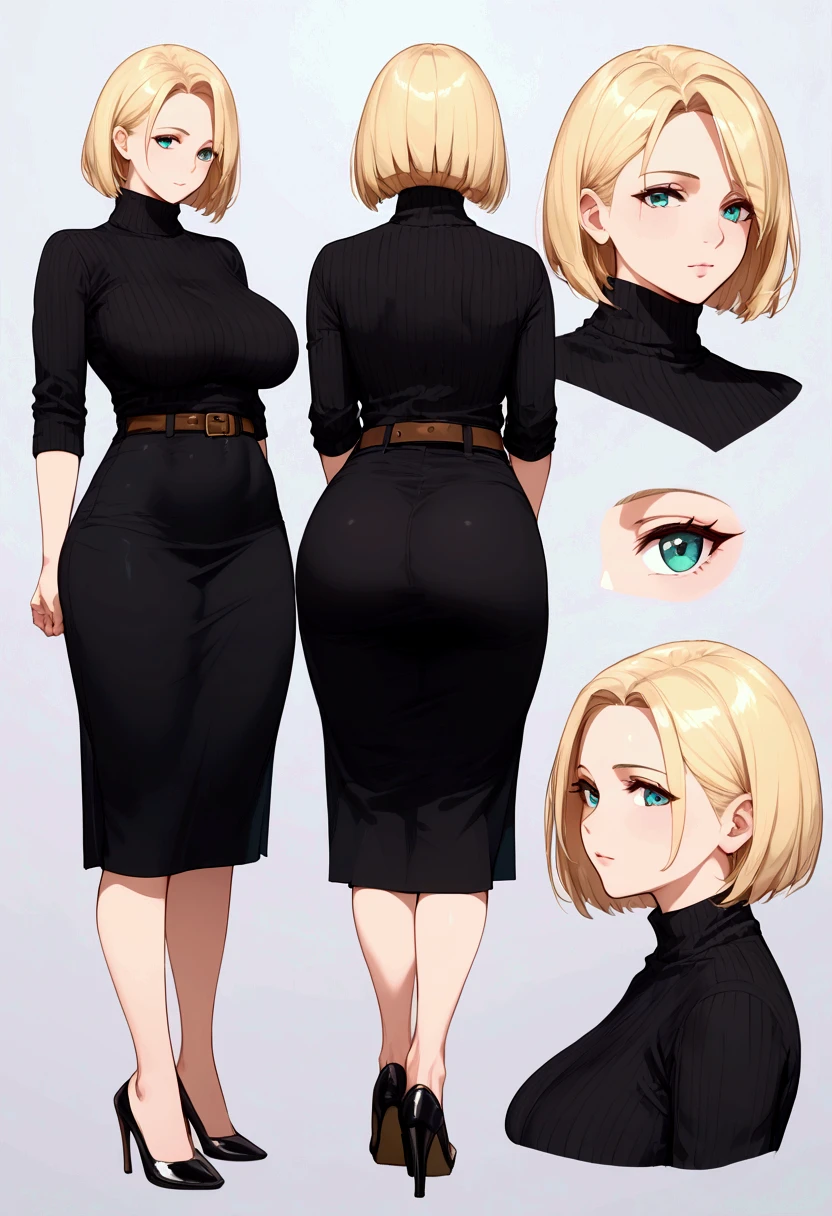 score_9, score_8_up, score_7_up, intricate details, (mature female) , curvy body, large breasts, 1girl, smooth skin, striveIno, medium hair, bob cut, blonde, aqua eyes, white panties, black tight skirt, black turtle neck sweater, belt around weist, black heels, model sheet